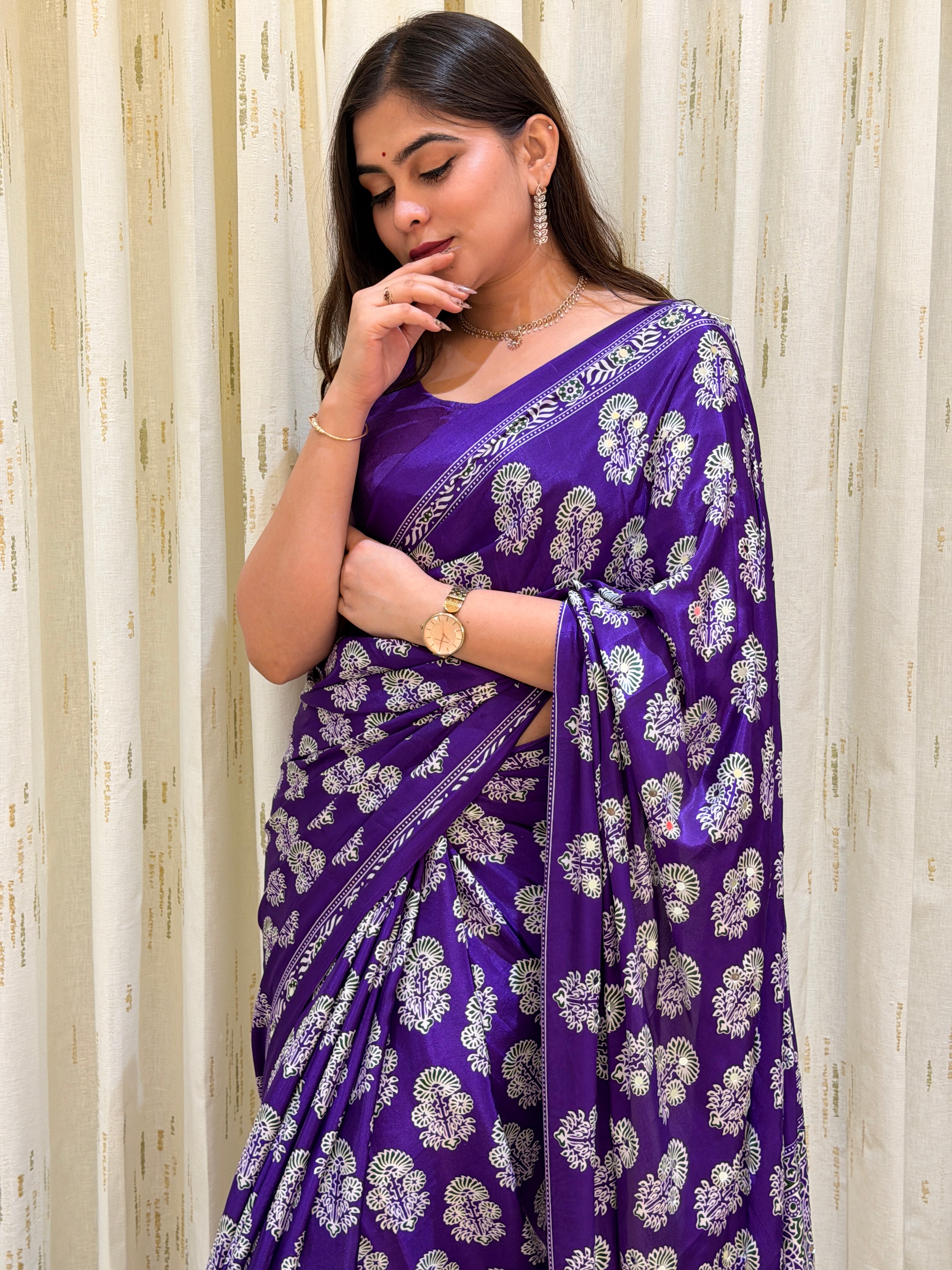 Anaya Purple Ajrakh With Mirror Work Saree