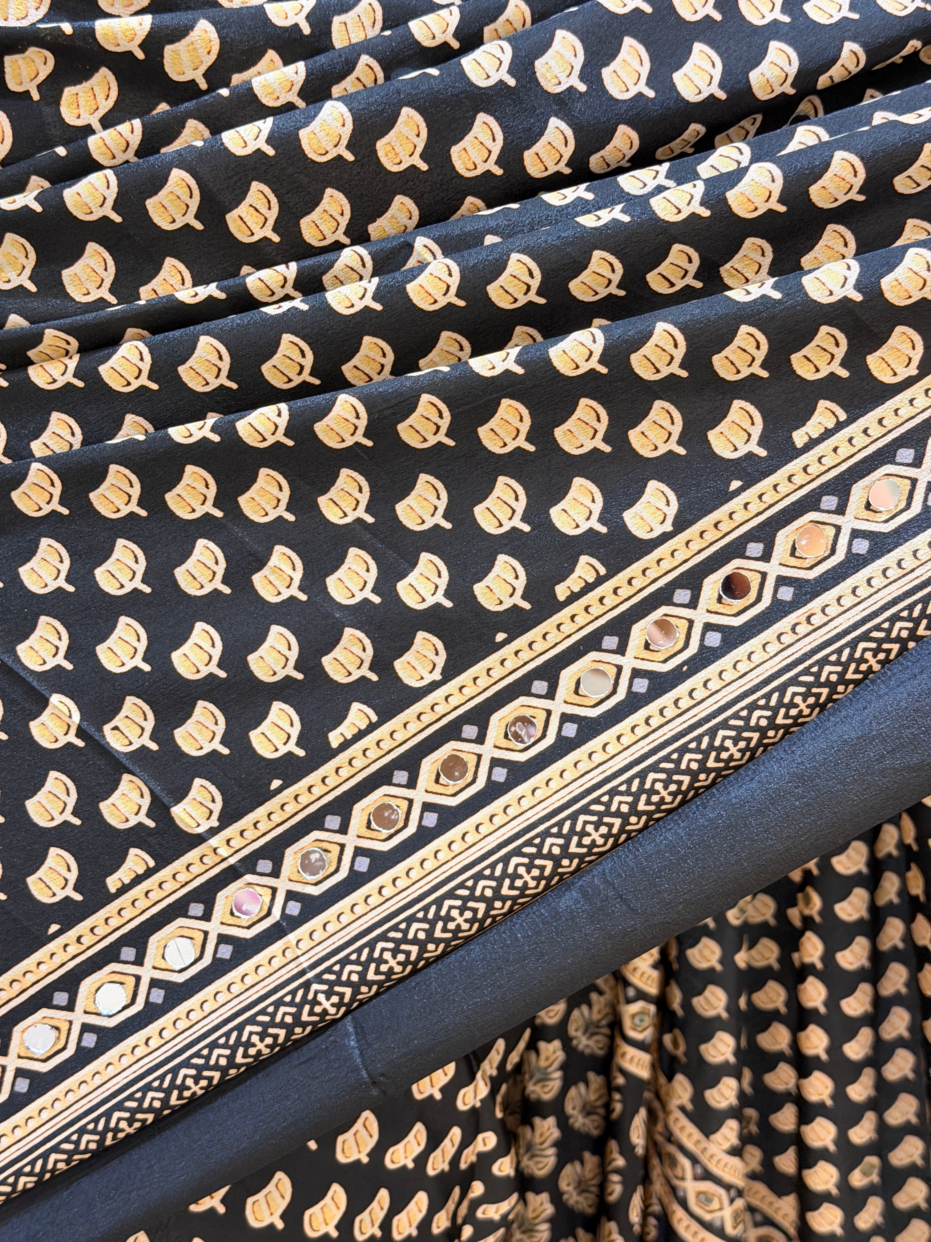 Rivanya Black Ajrakh With Mirror Work Saree