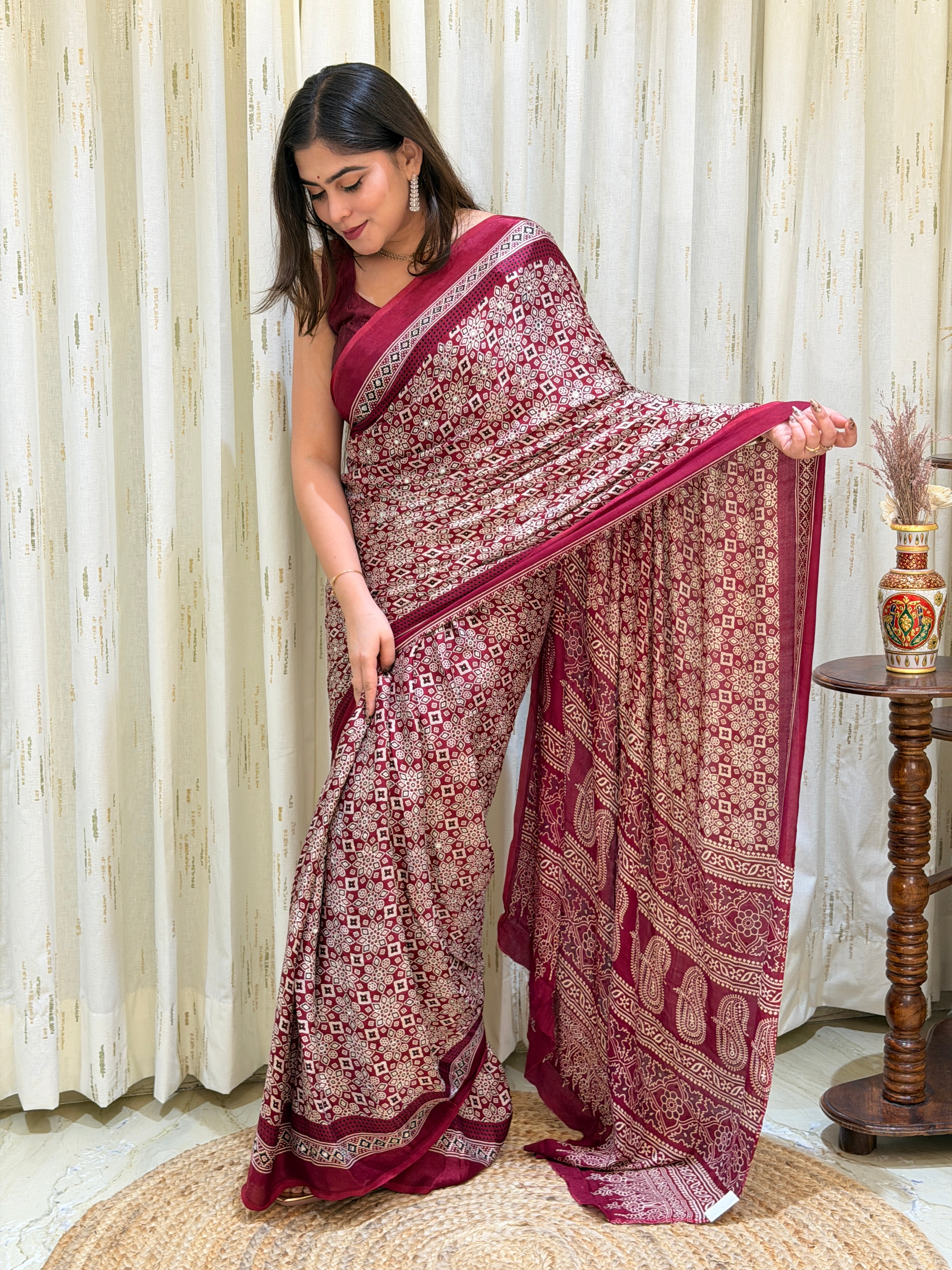 Aarini Maroon Ajrakh With Mirror Work Saree