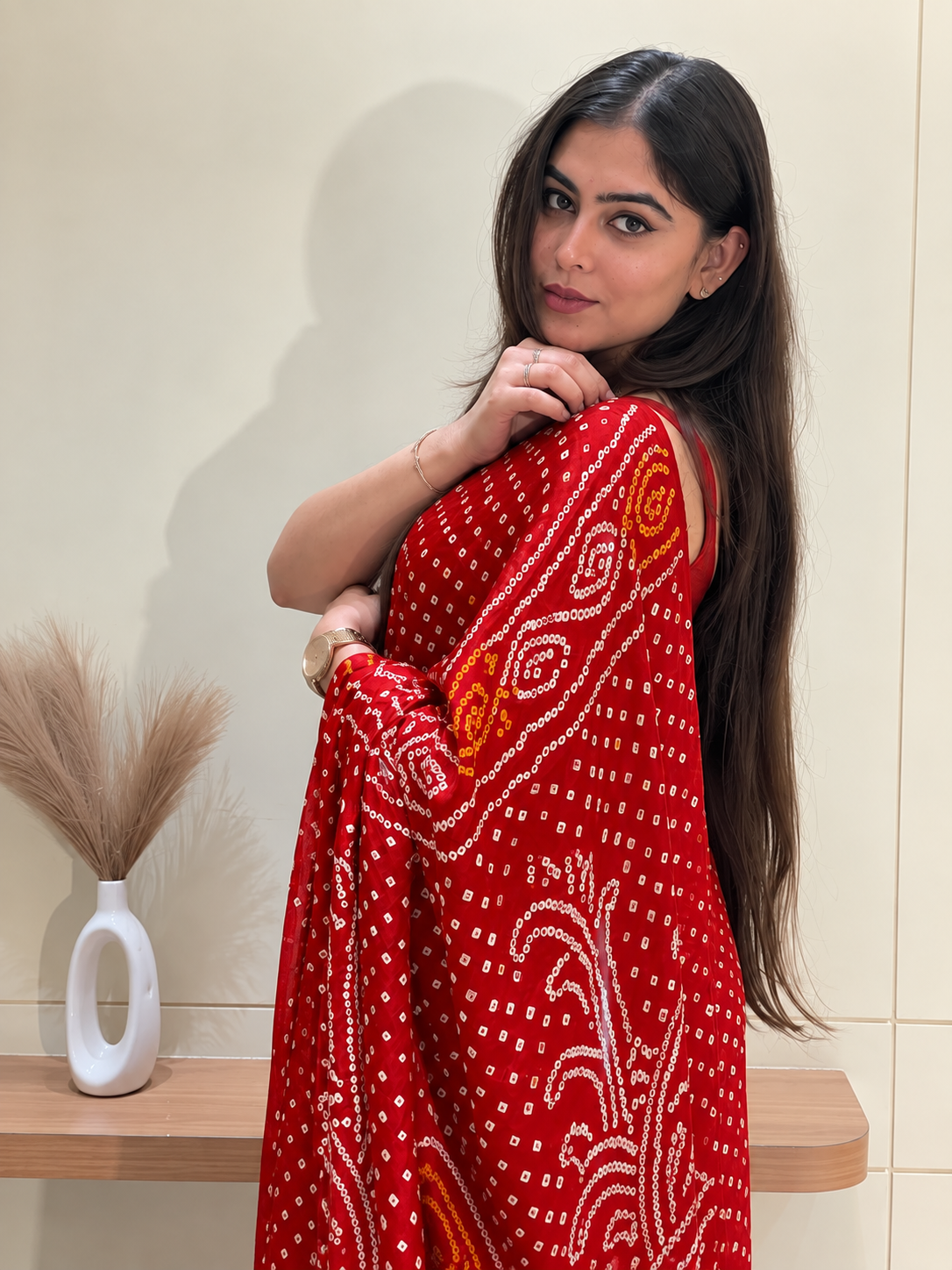 Ambika Red Bandhani Saree