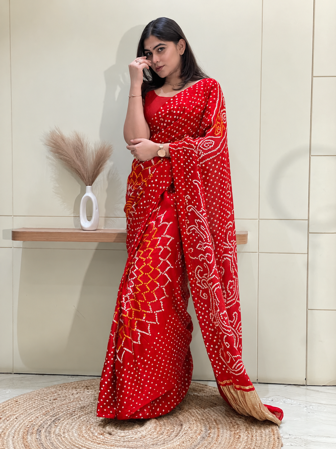 Ambika Red Bandhani Saree
