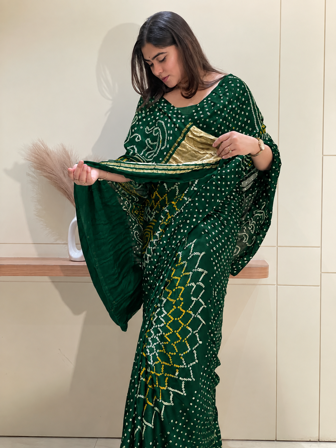 Ambika Bottle Green Bandhani Saree