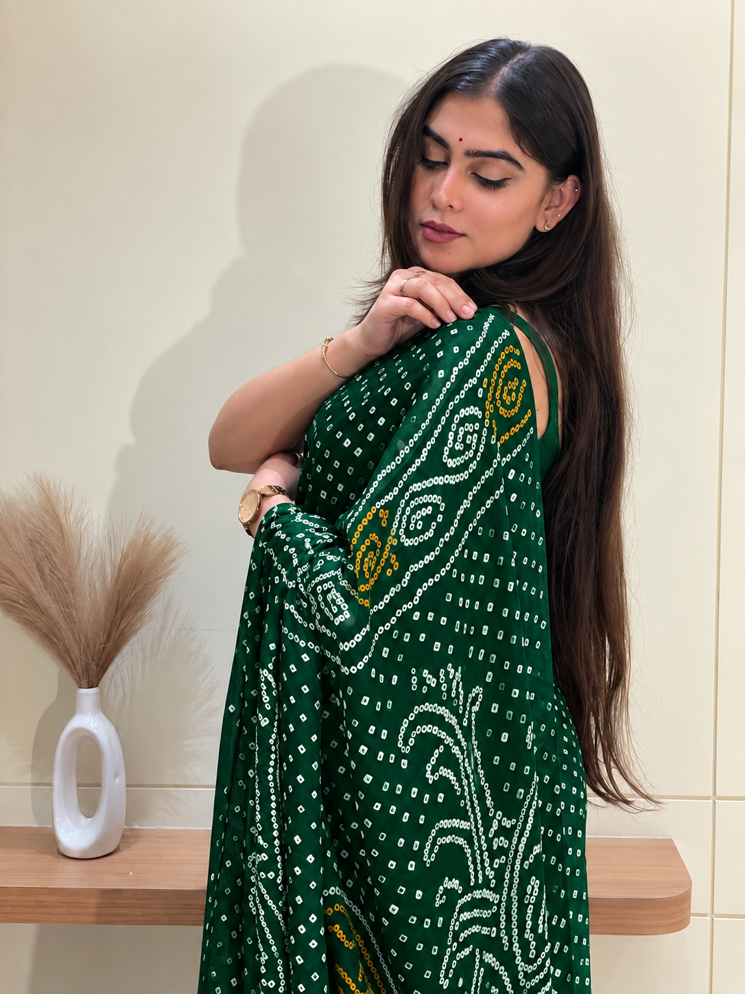 Ambika Bottle Green Bandhani Saree