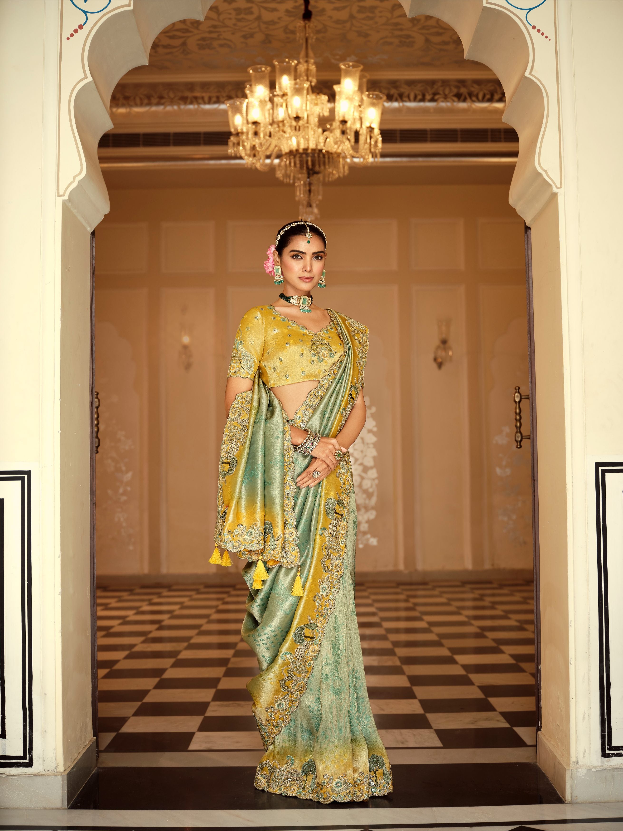 Kavya Sea Green & Mustard Banarasi Silk Saree