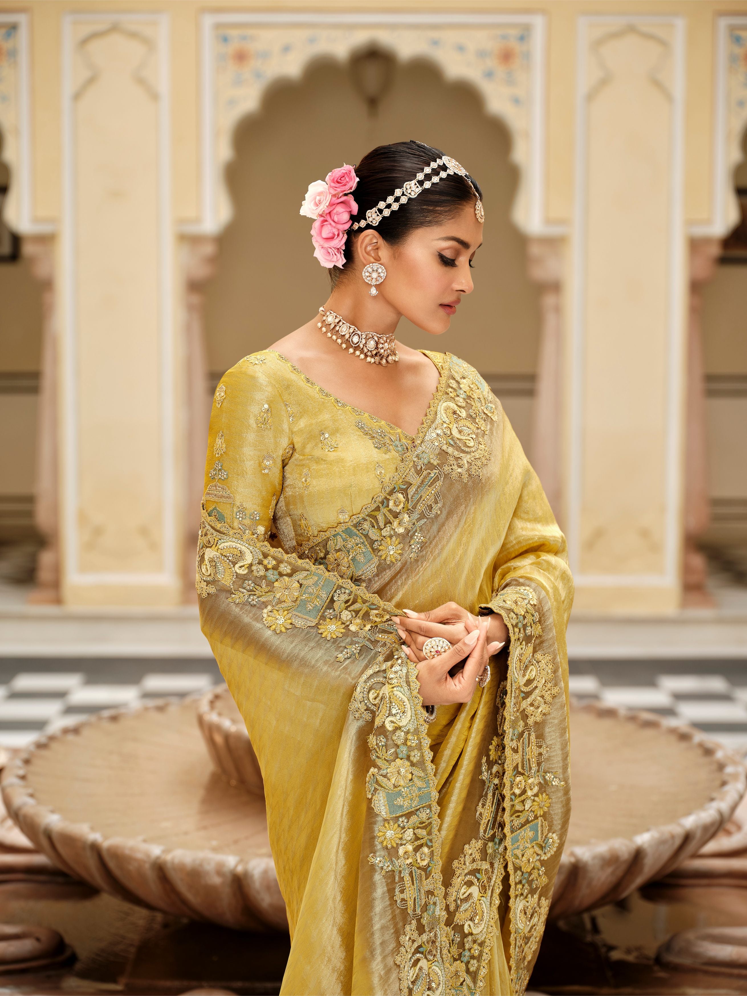 Meera Golden Beige Banarasi Silk Saree