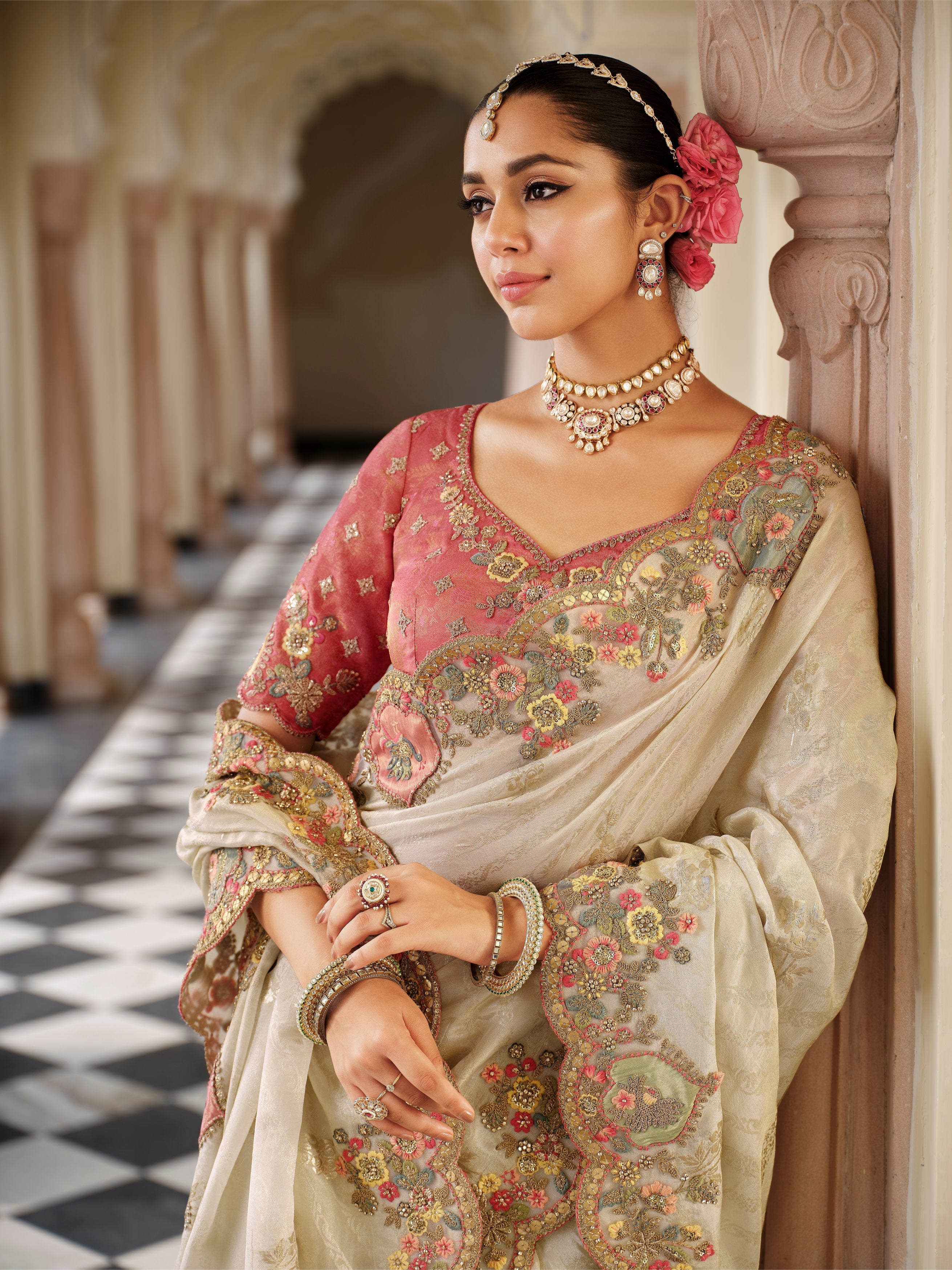 Sneha Off-White Rose Border Banarasi Silk Saree