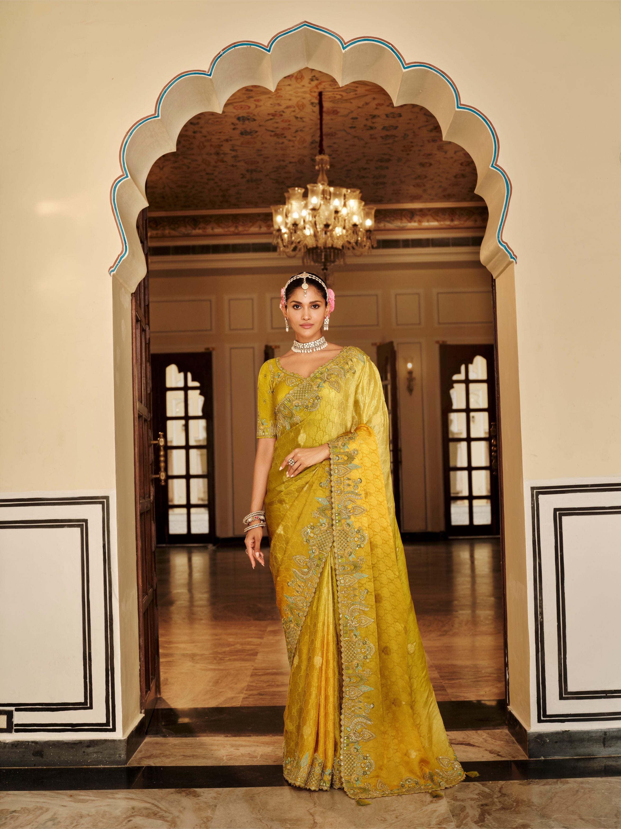 Avni Bright Yellow Banarasi Silk Saree