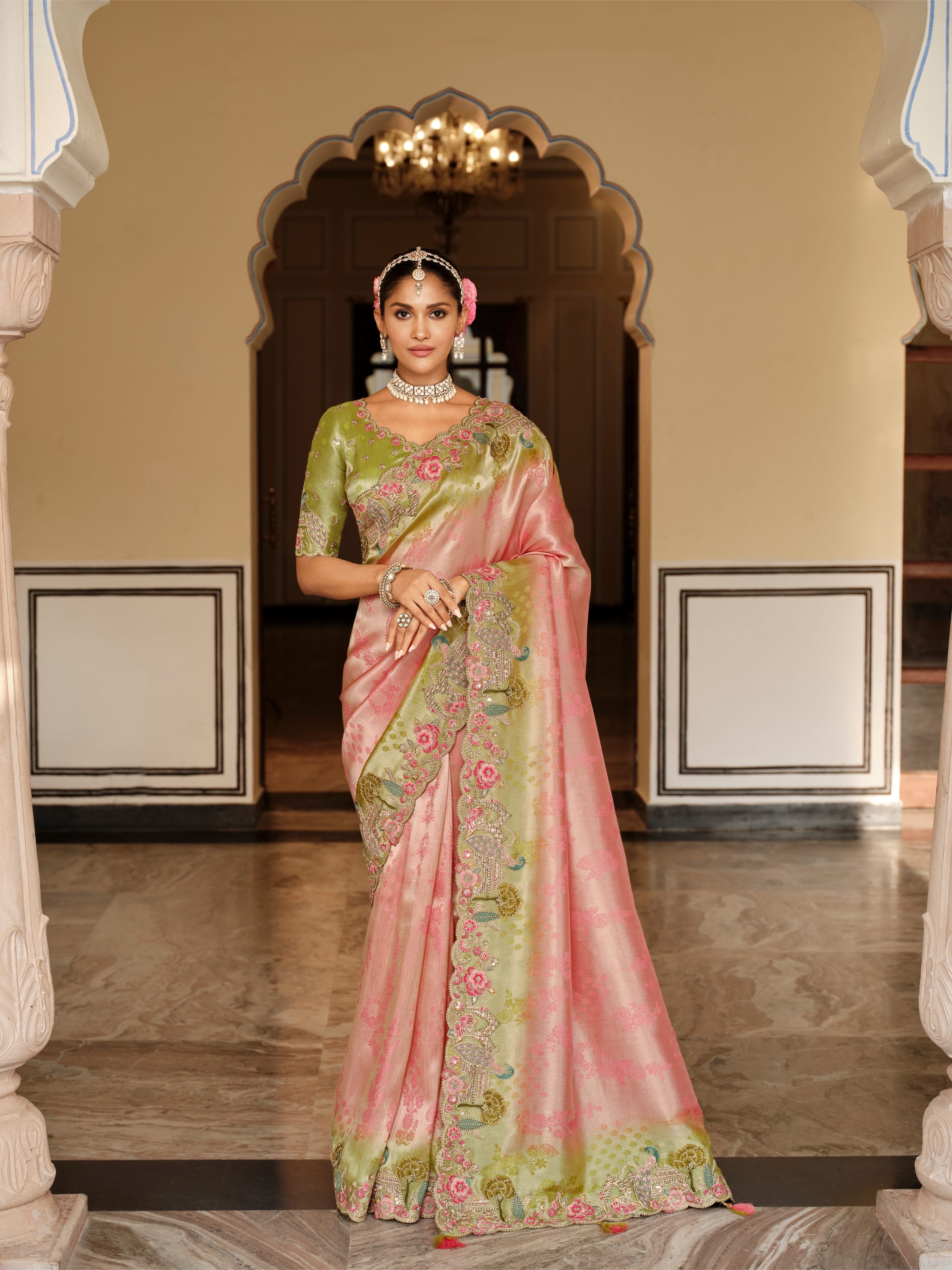 Charvi Pink & Green Banarasi Silk Saree