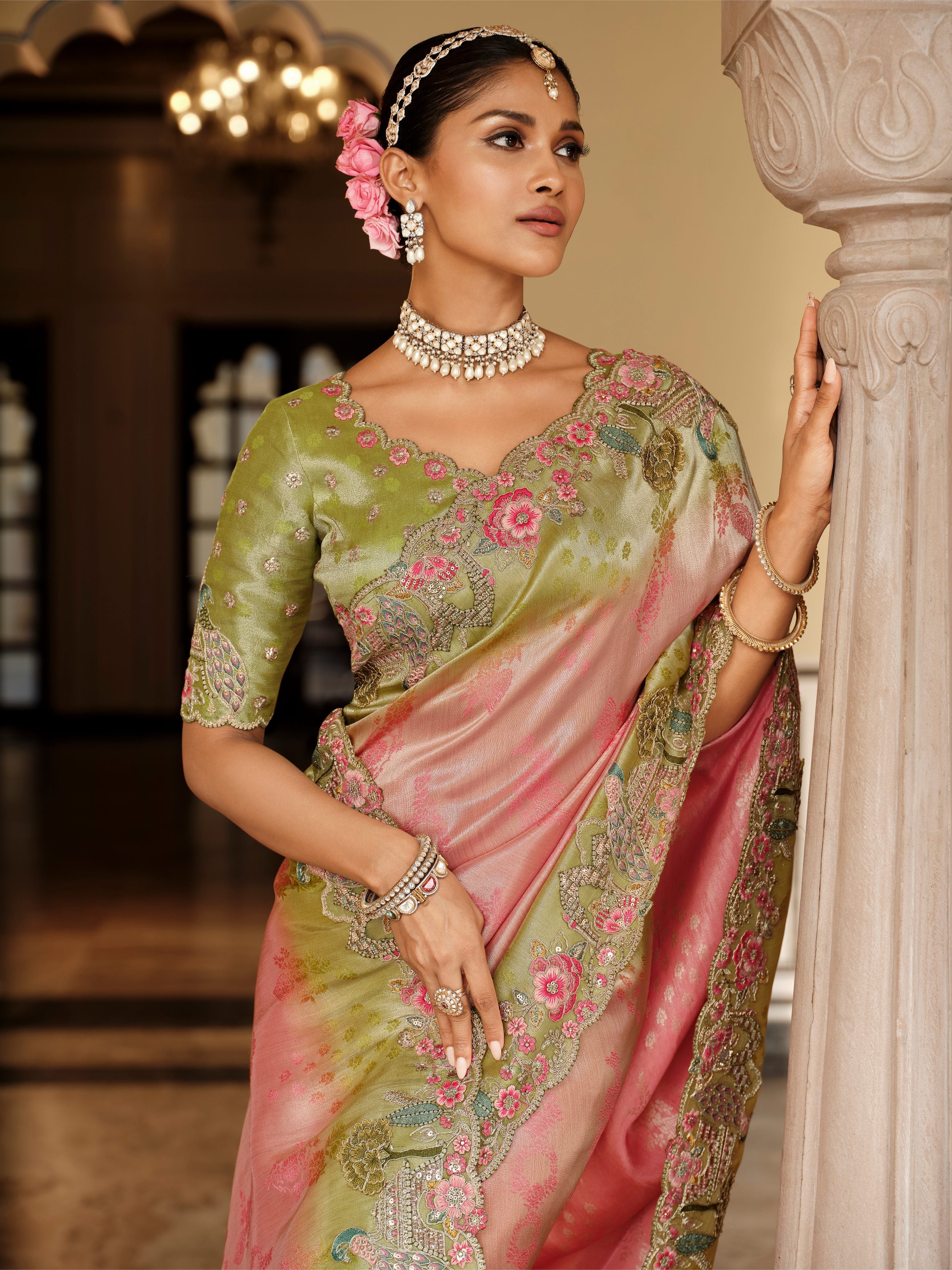 Charvi Pink & Green Banarasi Silk Saree