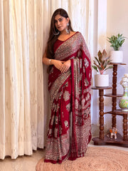Ziyana Modal Maroon Silk Ajrakh Saree