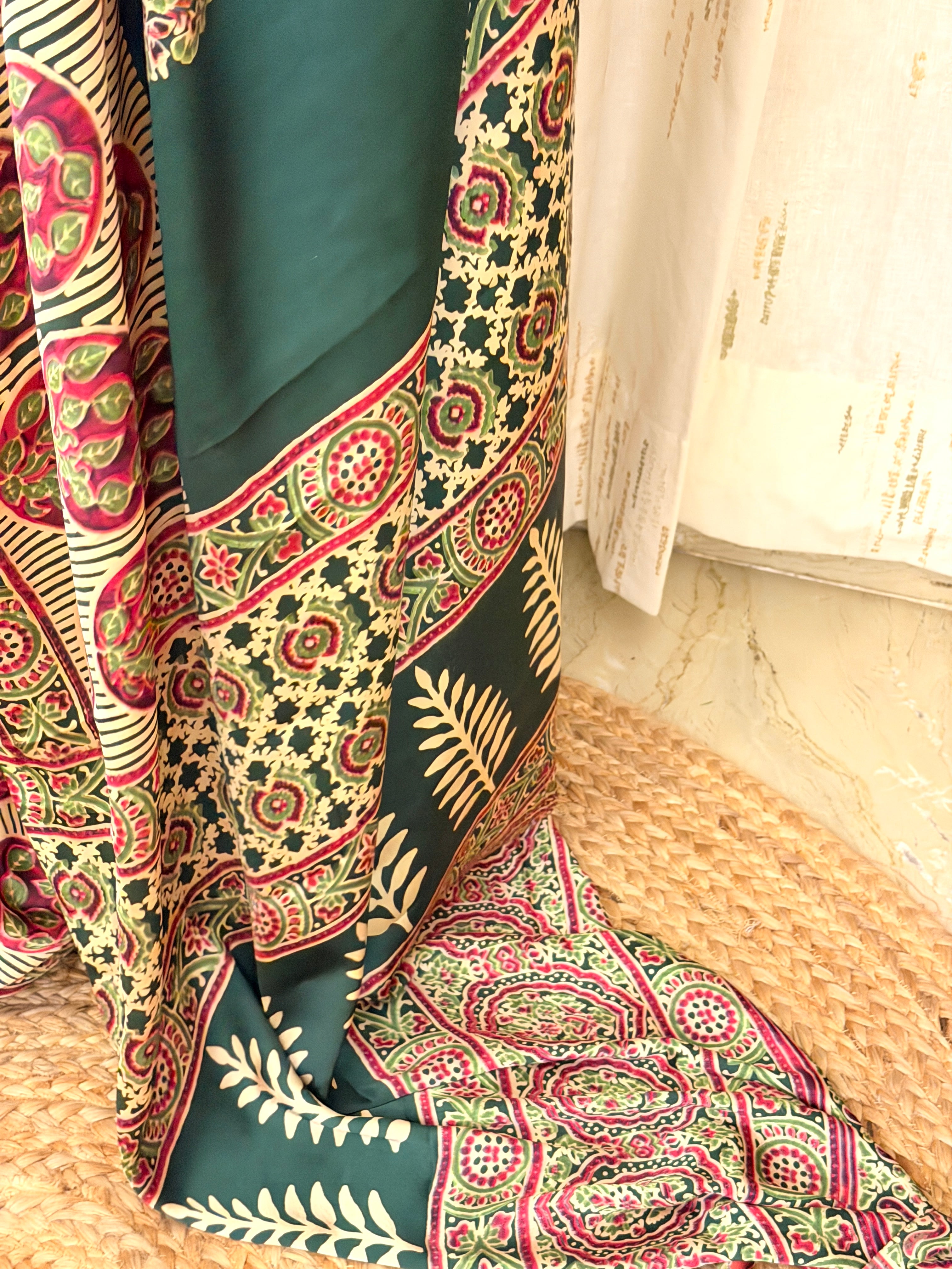Detailed view of ivory Ajrakh pallu with fern leaf band and circular medallions