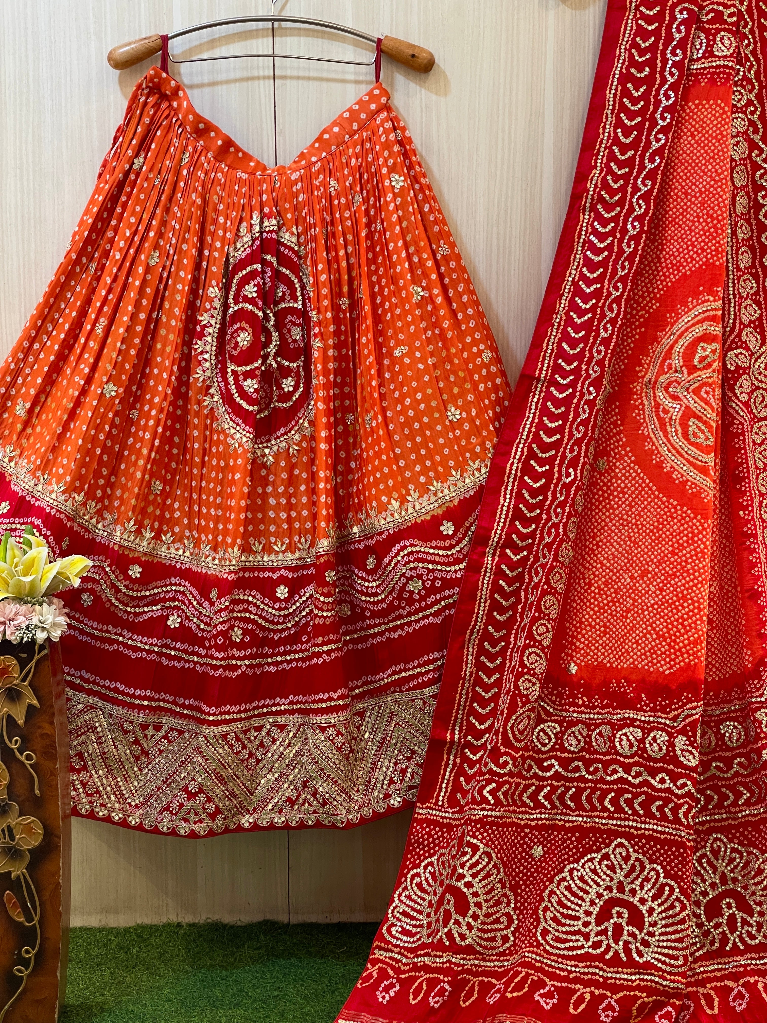 Noorika Red Orange Gajji Silk Lehenga