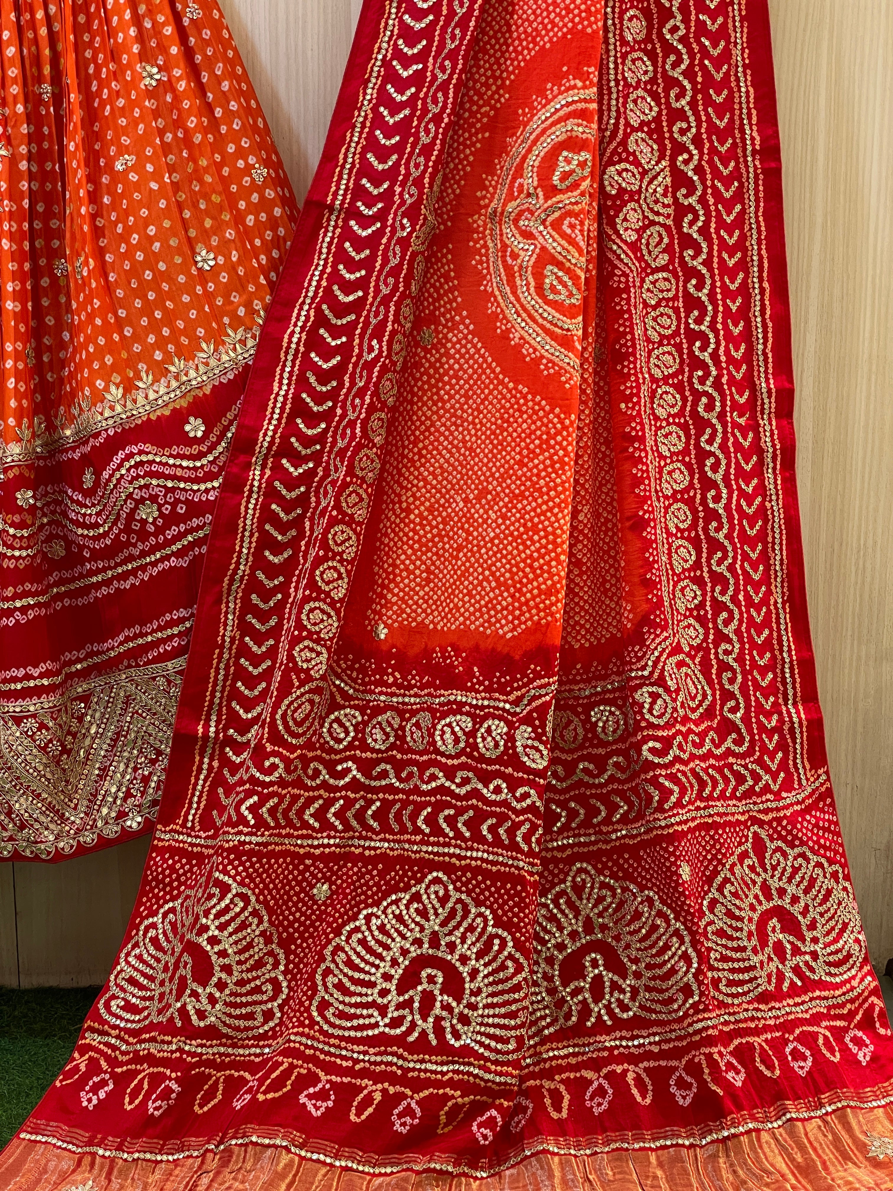 Noorika Red Orange Gajji Silk Lehenga