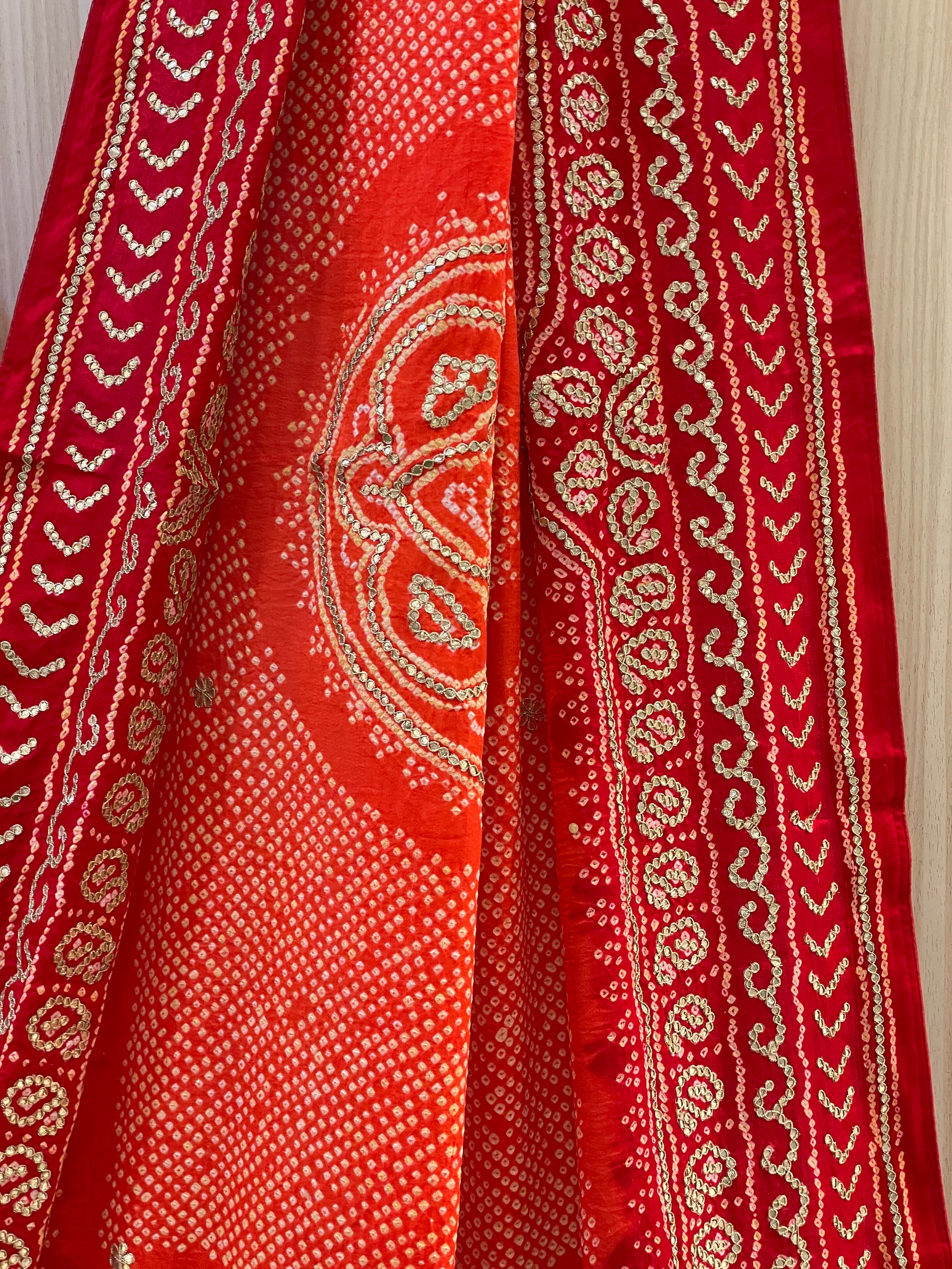 Noorika Red Orange Gajji Silk Lehenga