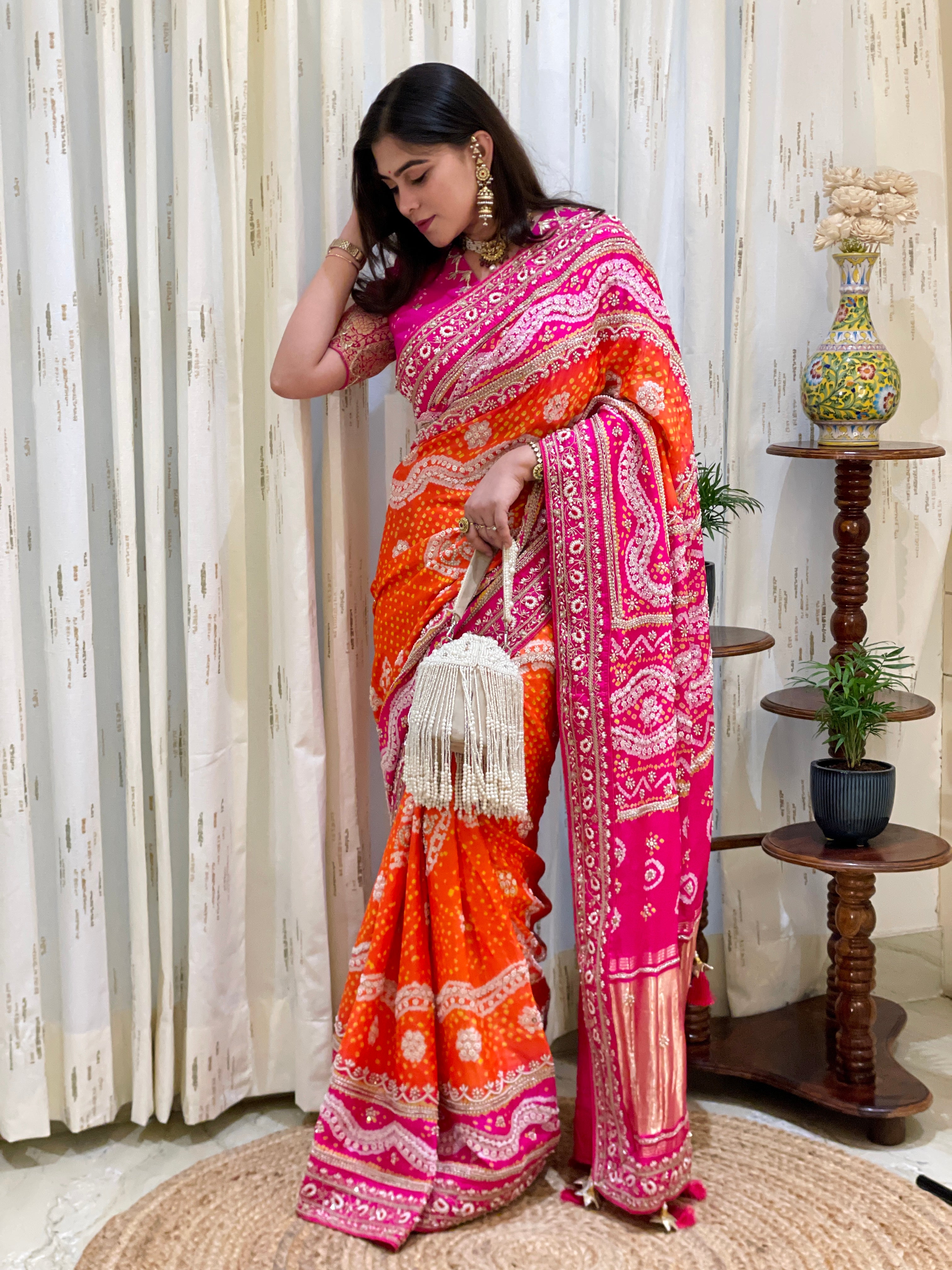 Shweta Rani Orange Gajji Silk Saree