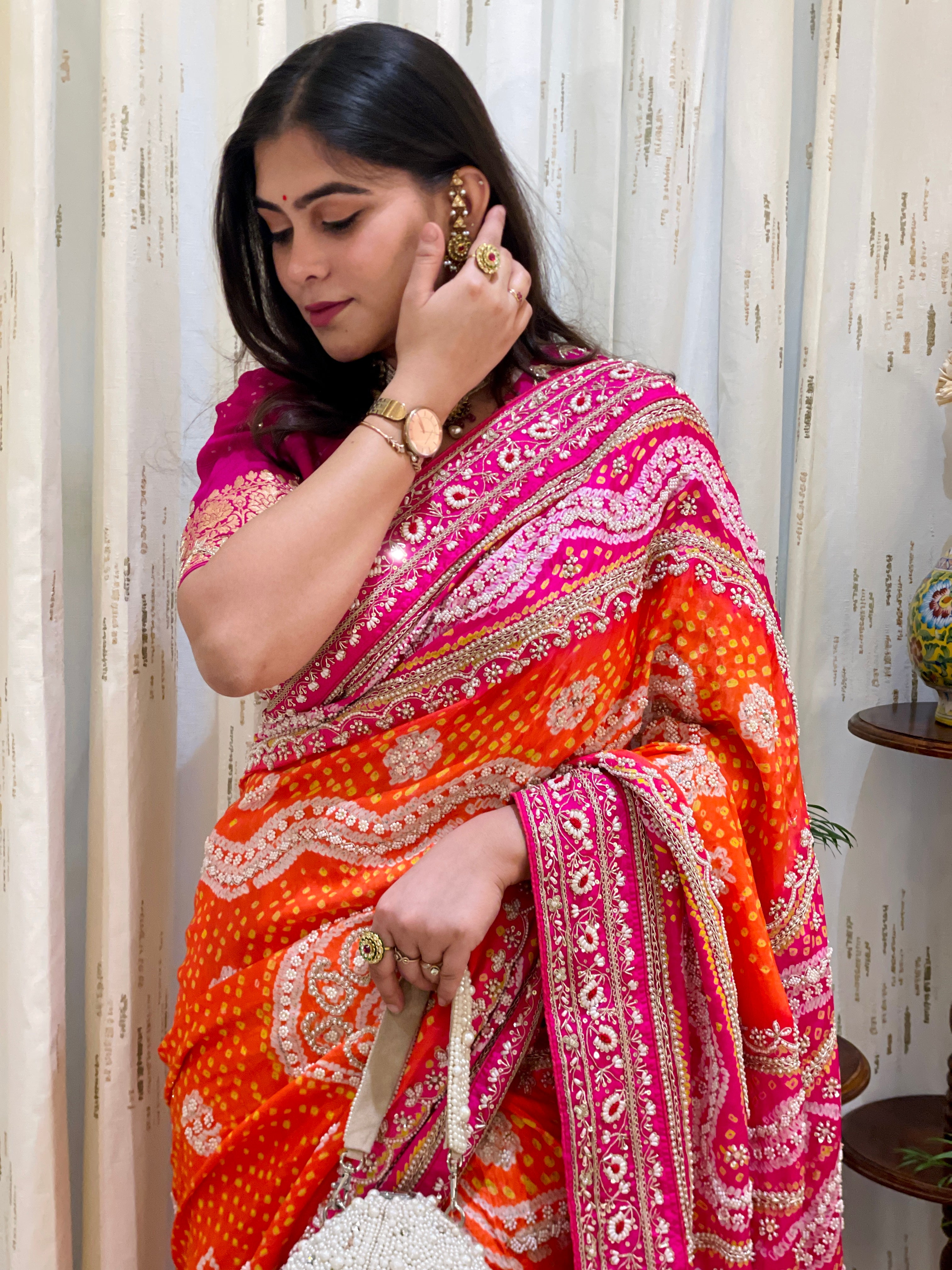 Shweta Rani Orange Gajji Silk Saree