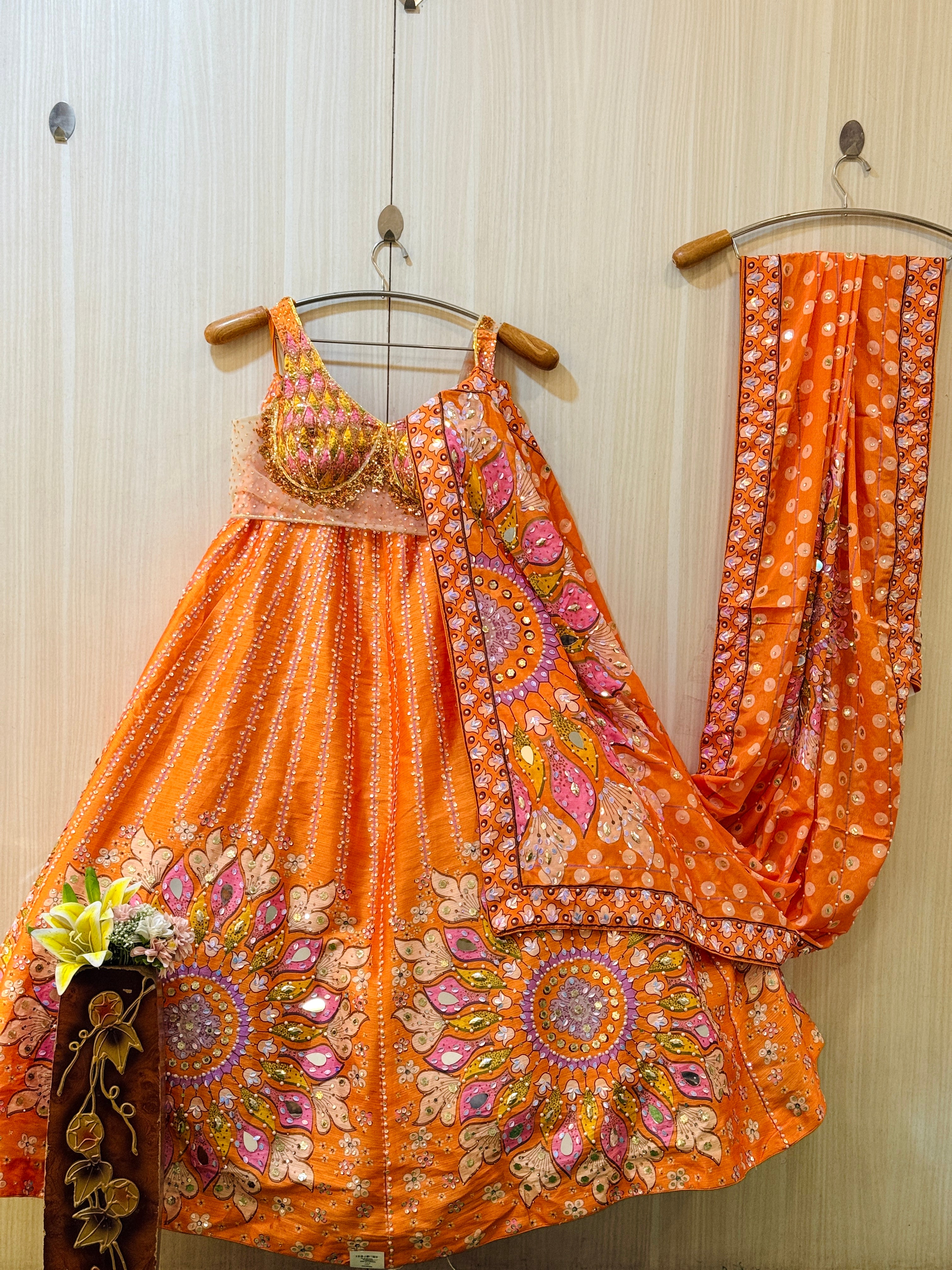 Vareesha Orange Mirror Work Lehenga
