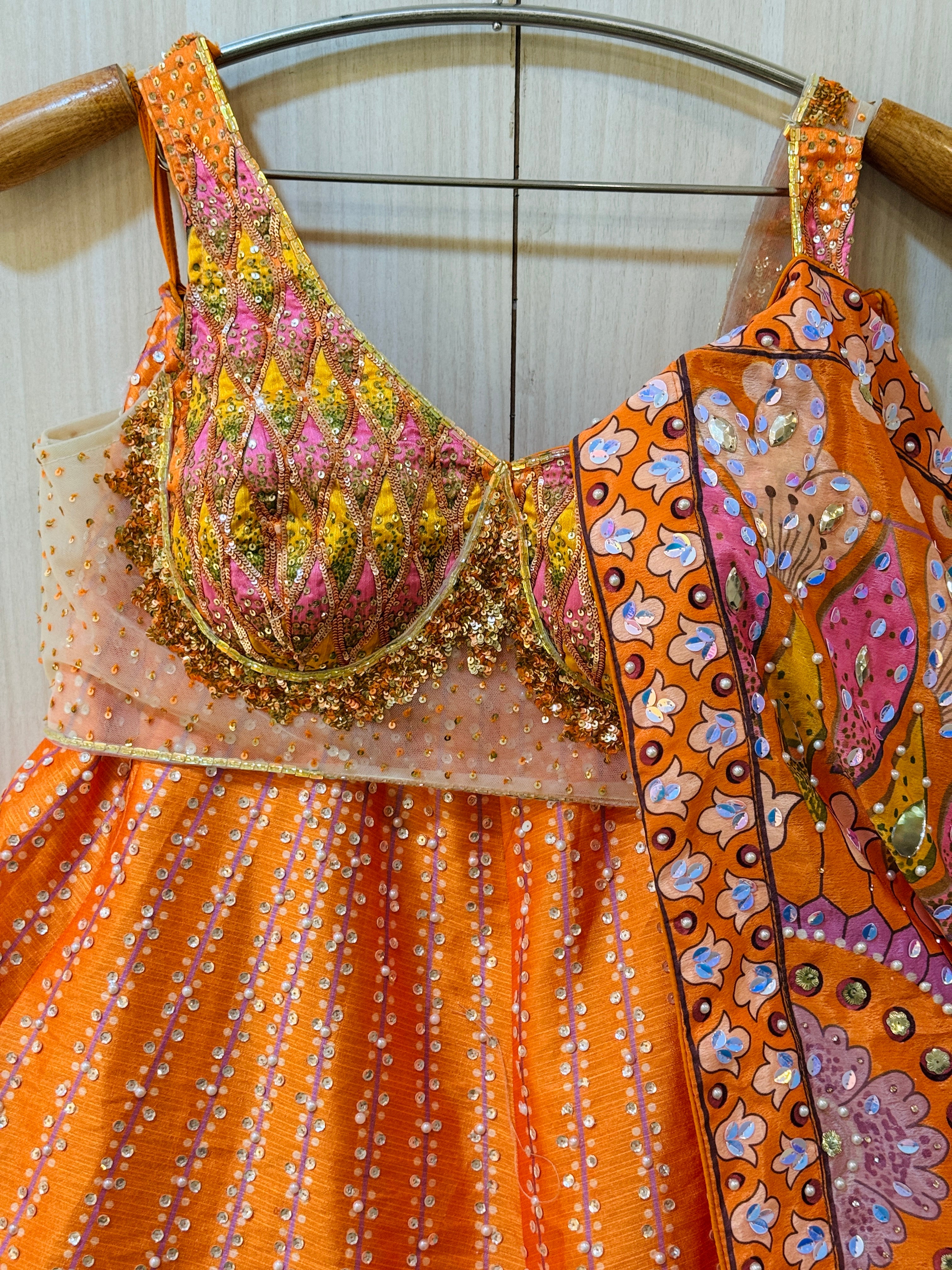 Vareesha Orange Mirror Work Lehenga