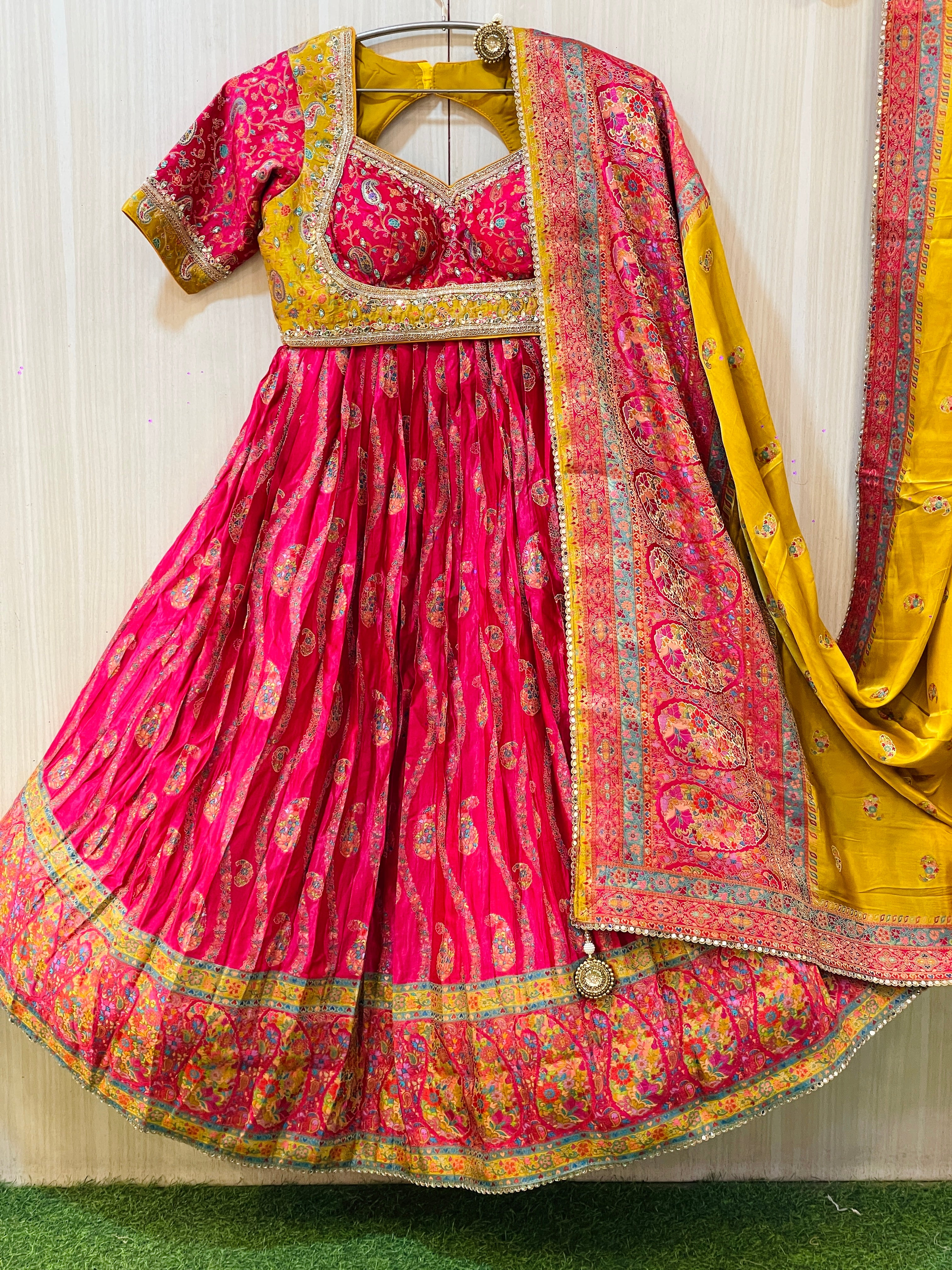 Pinku Embroidered Yellow & Pink Lehenga
