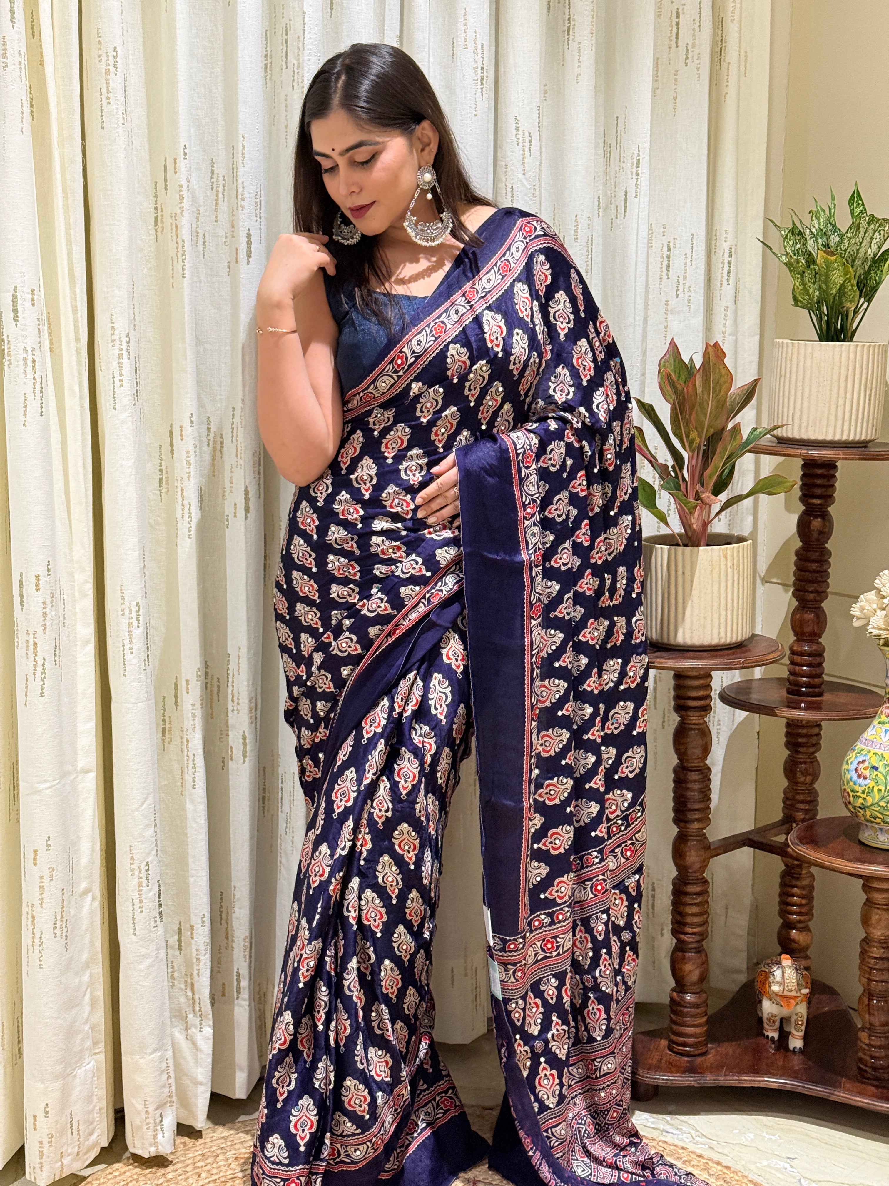 Meher Navy Modal Silk Ajrakh Saree