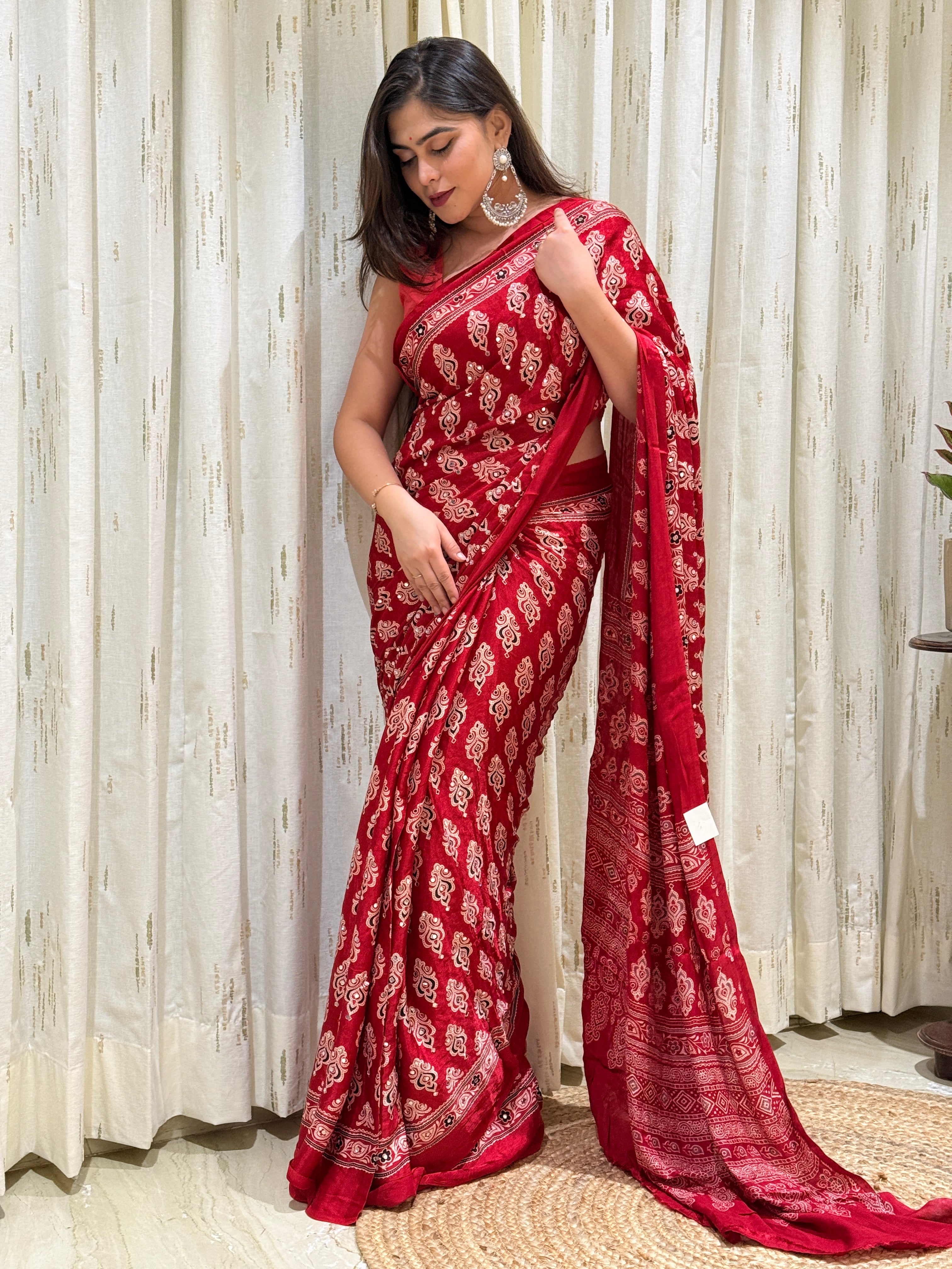 Eira Red Modal Silk Ajrakh Saree