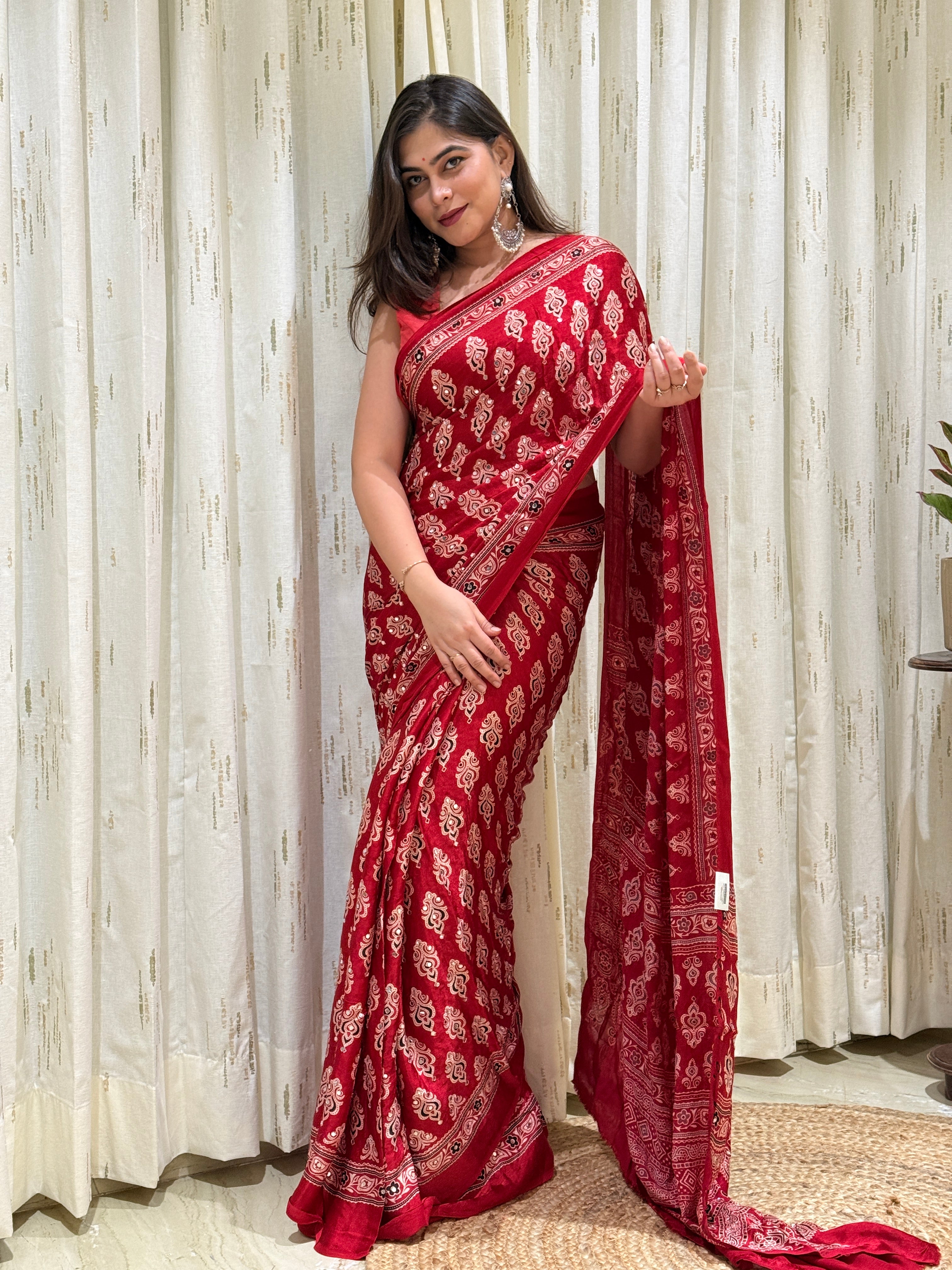Eira Red Modal Silk Ajrakh Saree