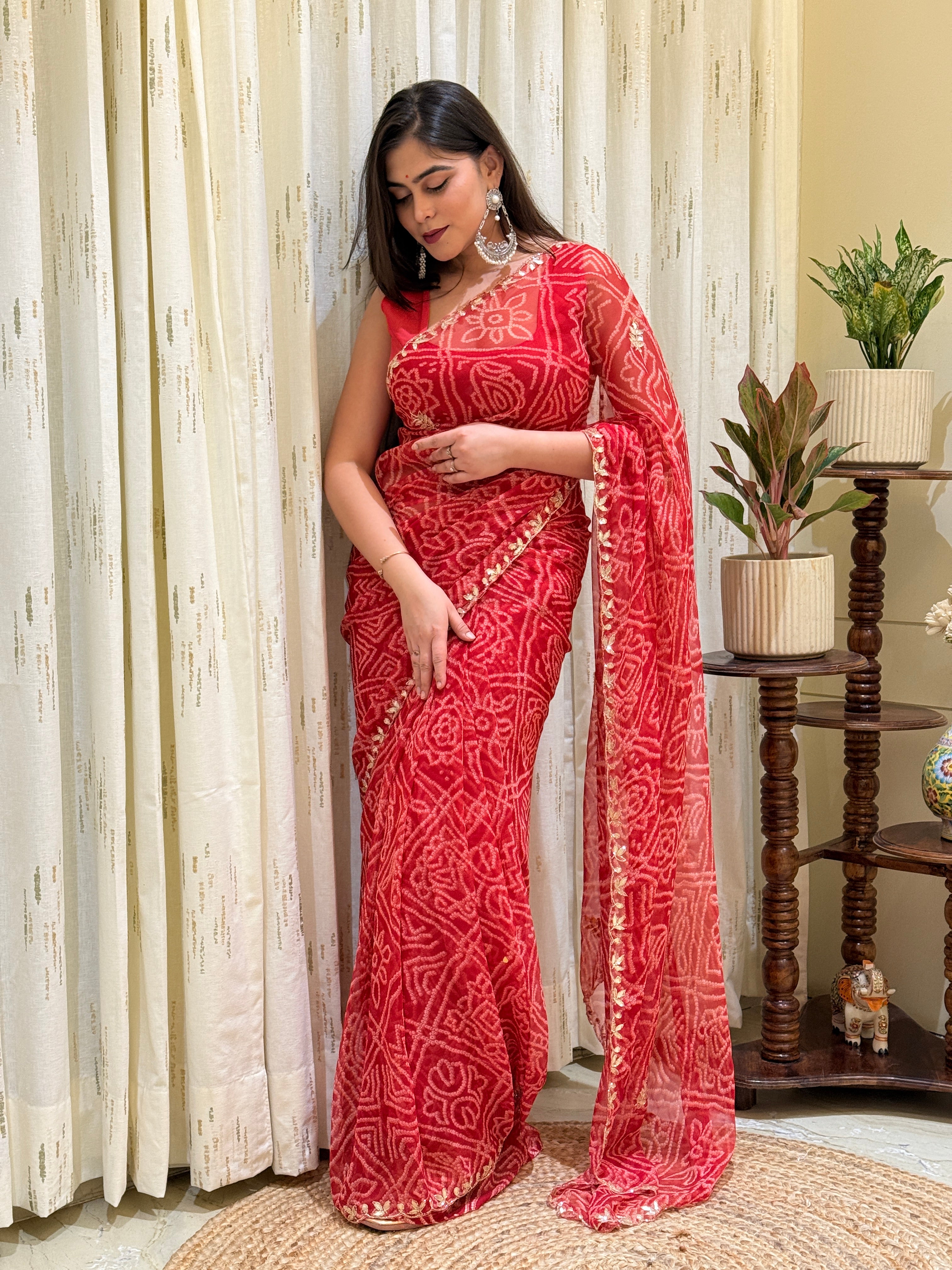 Maitri Red Georgette Bandhani Saree