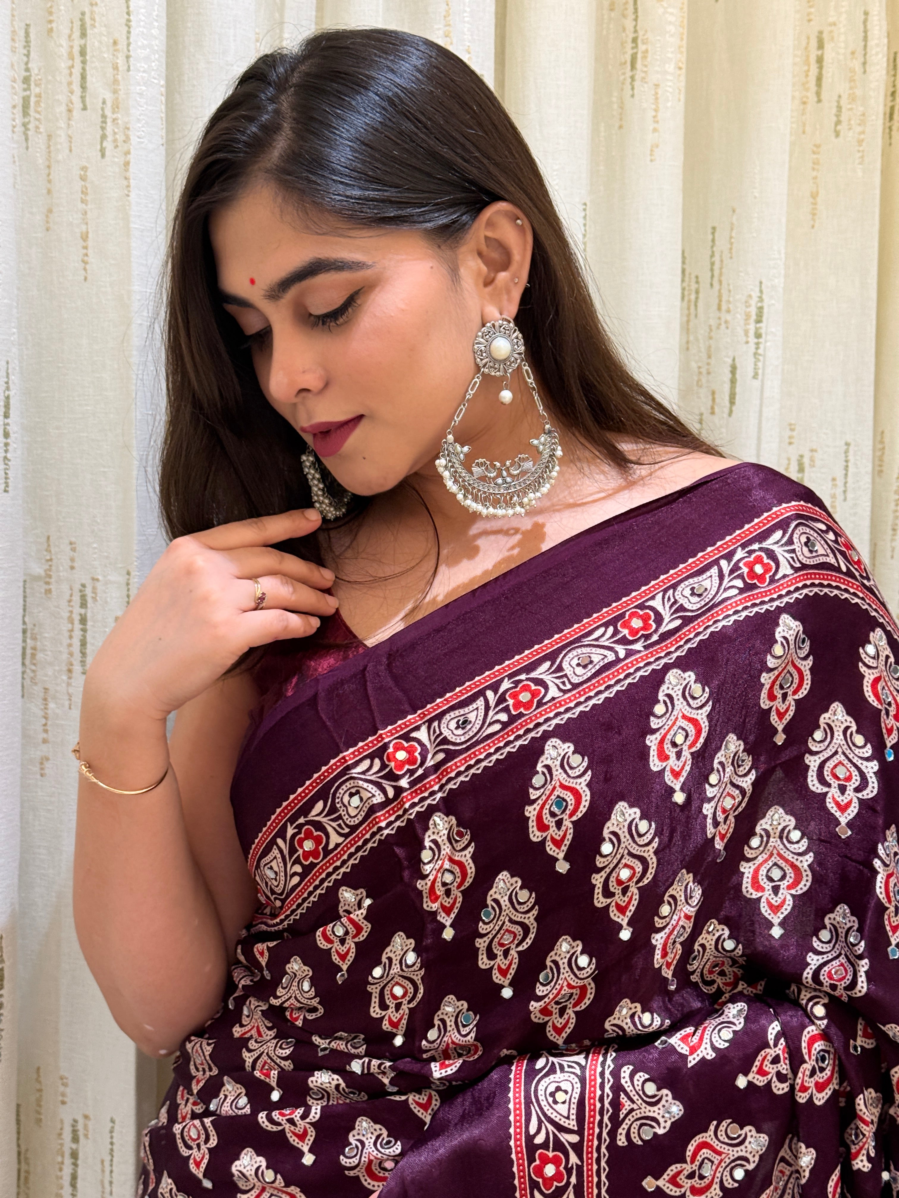 Rivanya Wine Modal Silk Ajrakh Saree