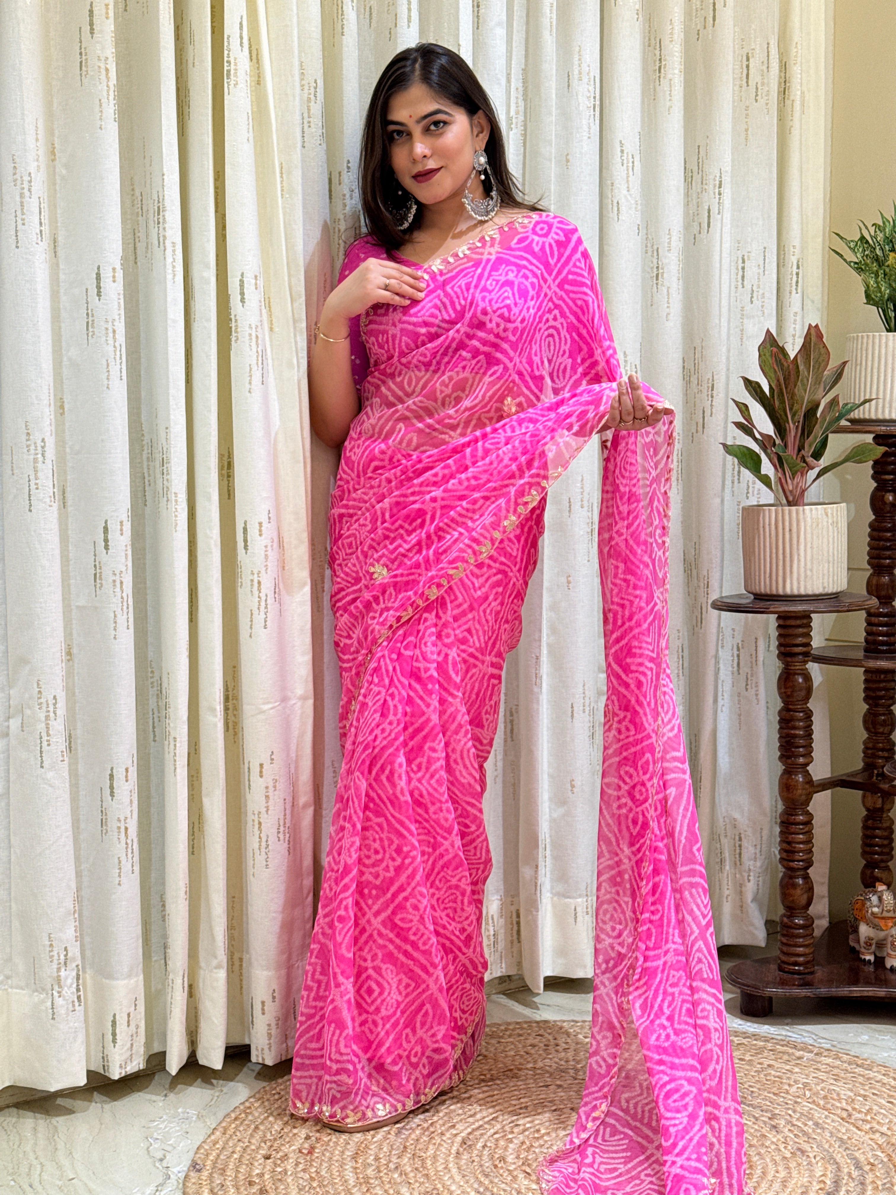 Vishaka Pink Georgette Bandhani Saree