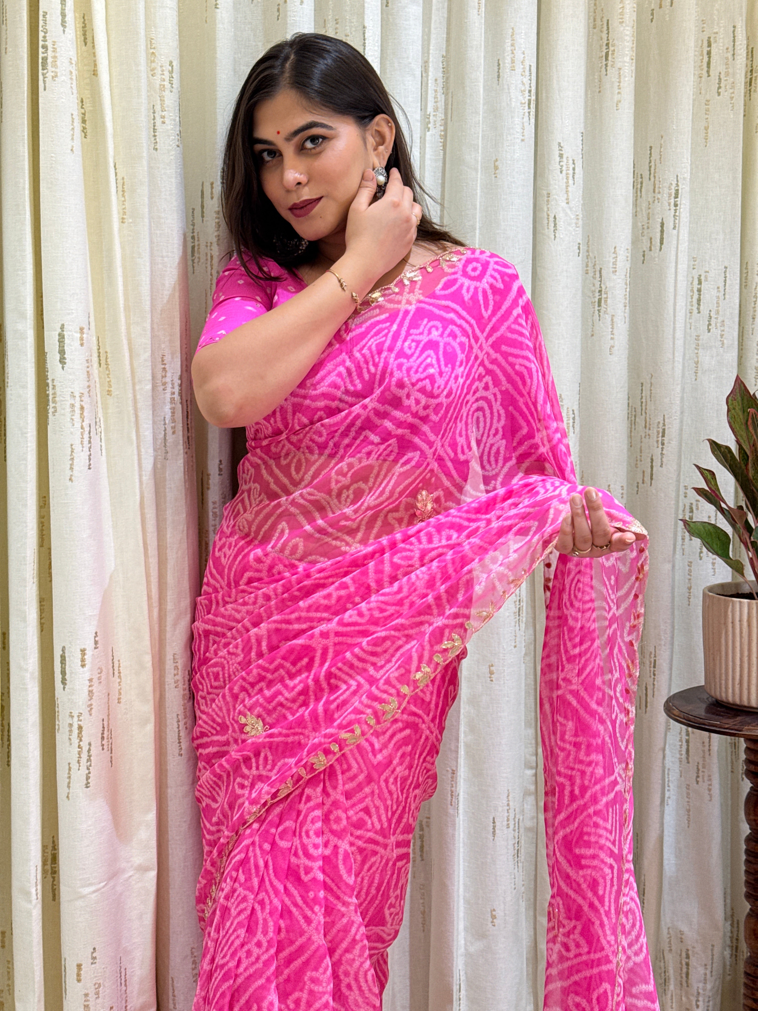 Vishaka Pink Georgette Bandhani Saree