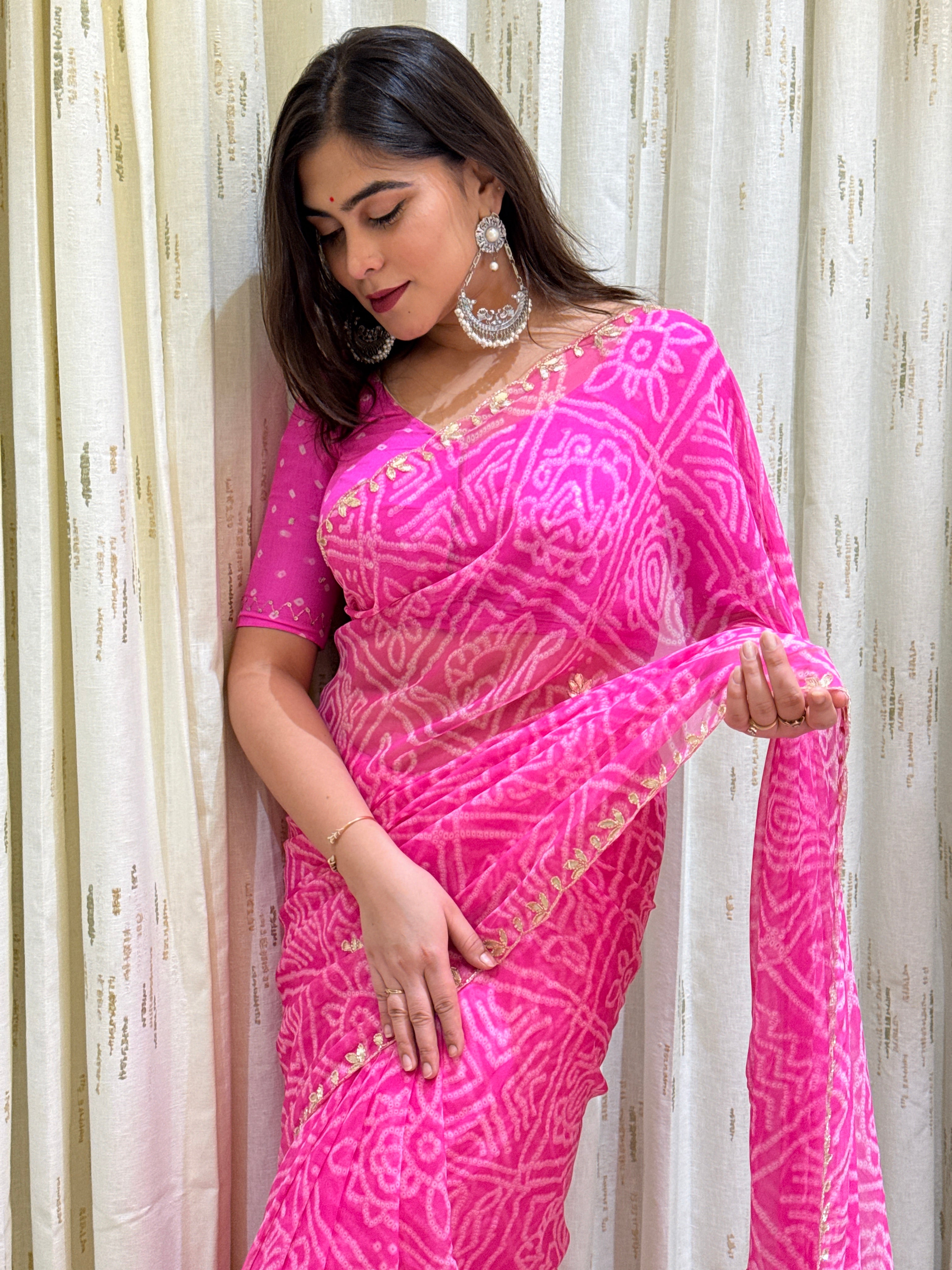 Vishaka Pink Georgette Bandhani Saree