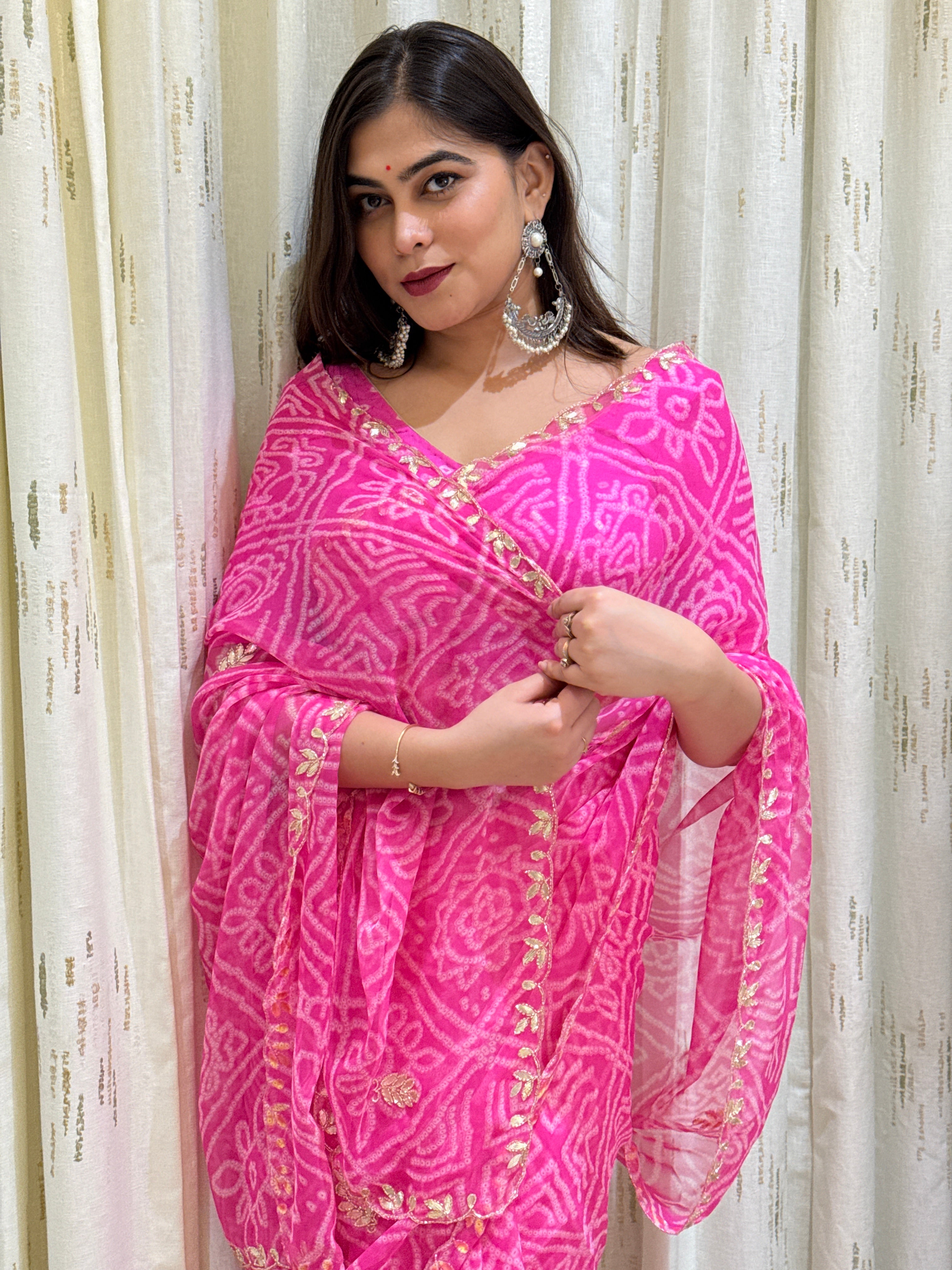 Vishaka Pink Georgette Bandhani Saree