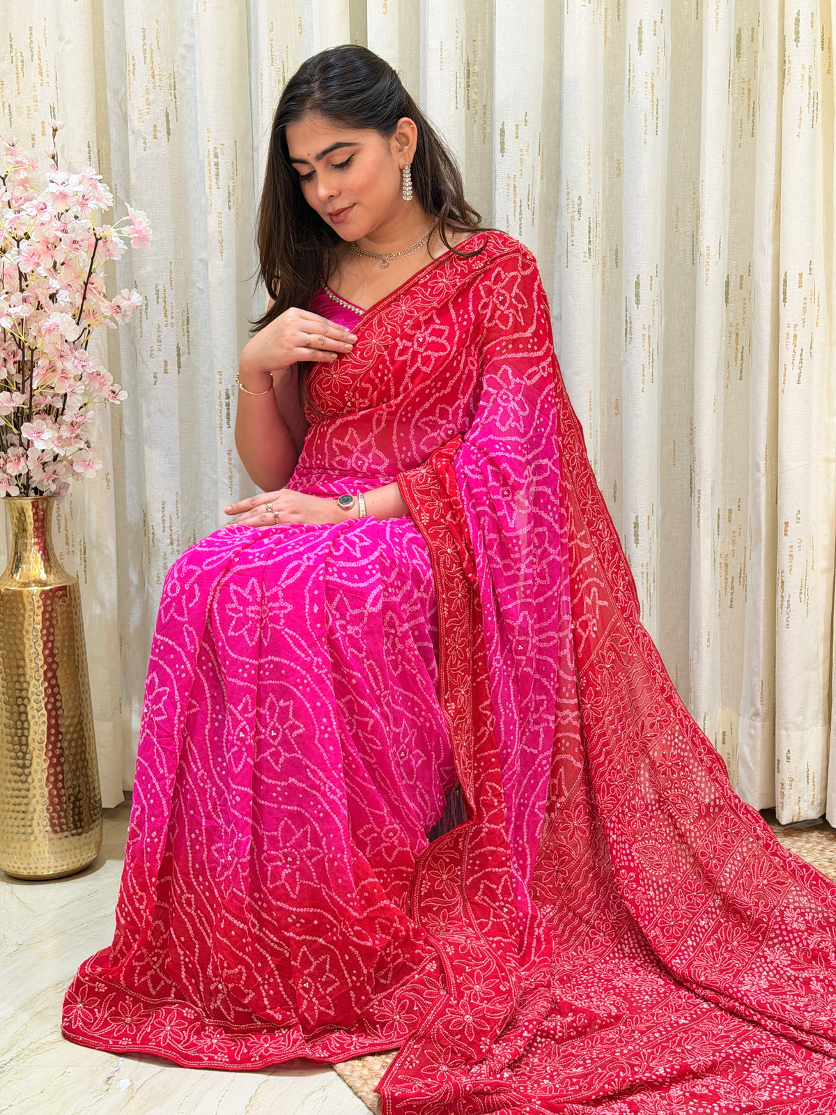 Ruhani Pink Chikankari Bandhani Saree