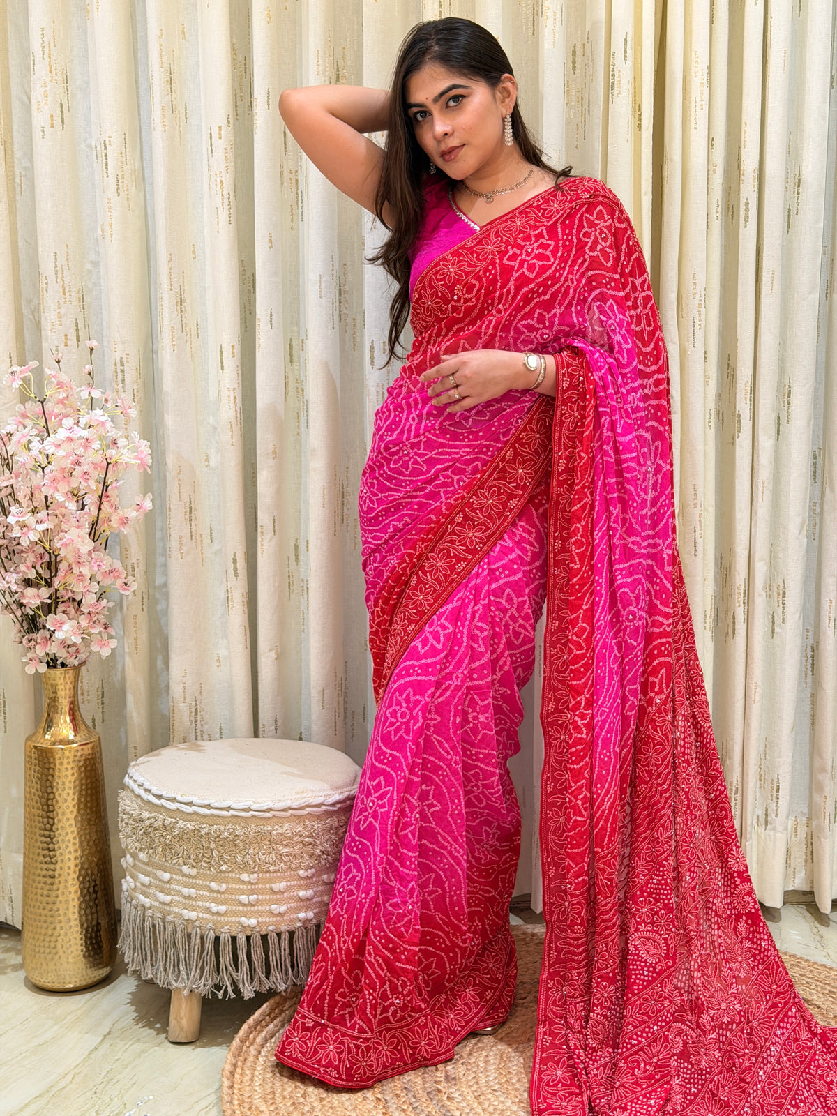Ruhani Pink Chikankari Bandhani Saree