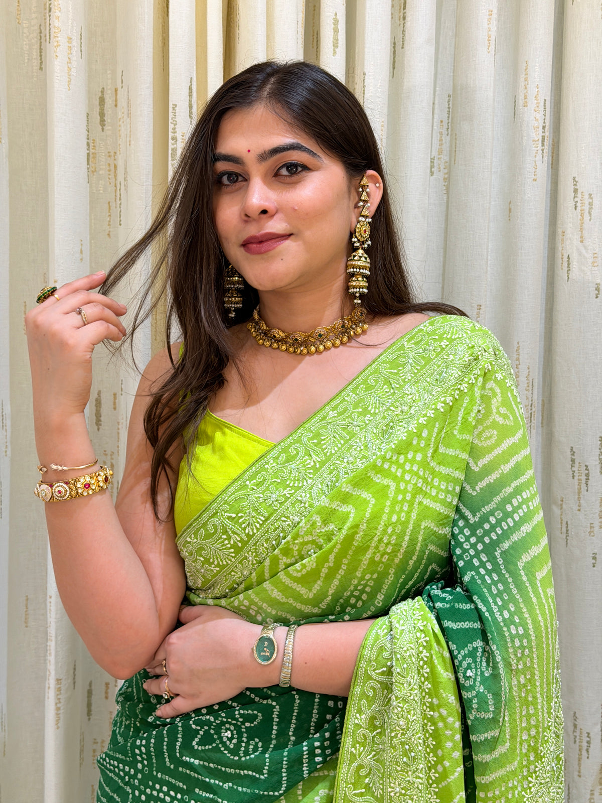 Haritika Green Chikankari Bandhani Saree