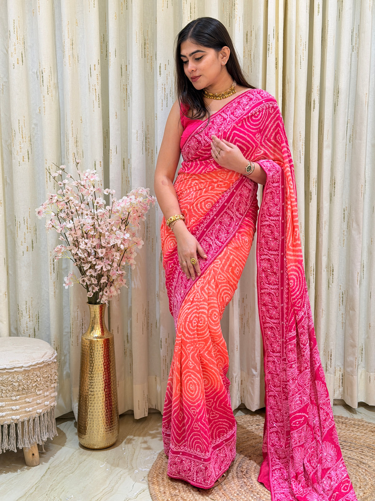 Gulnaar Pink & Orange Chikankari Bandhani Saree