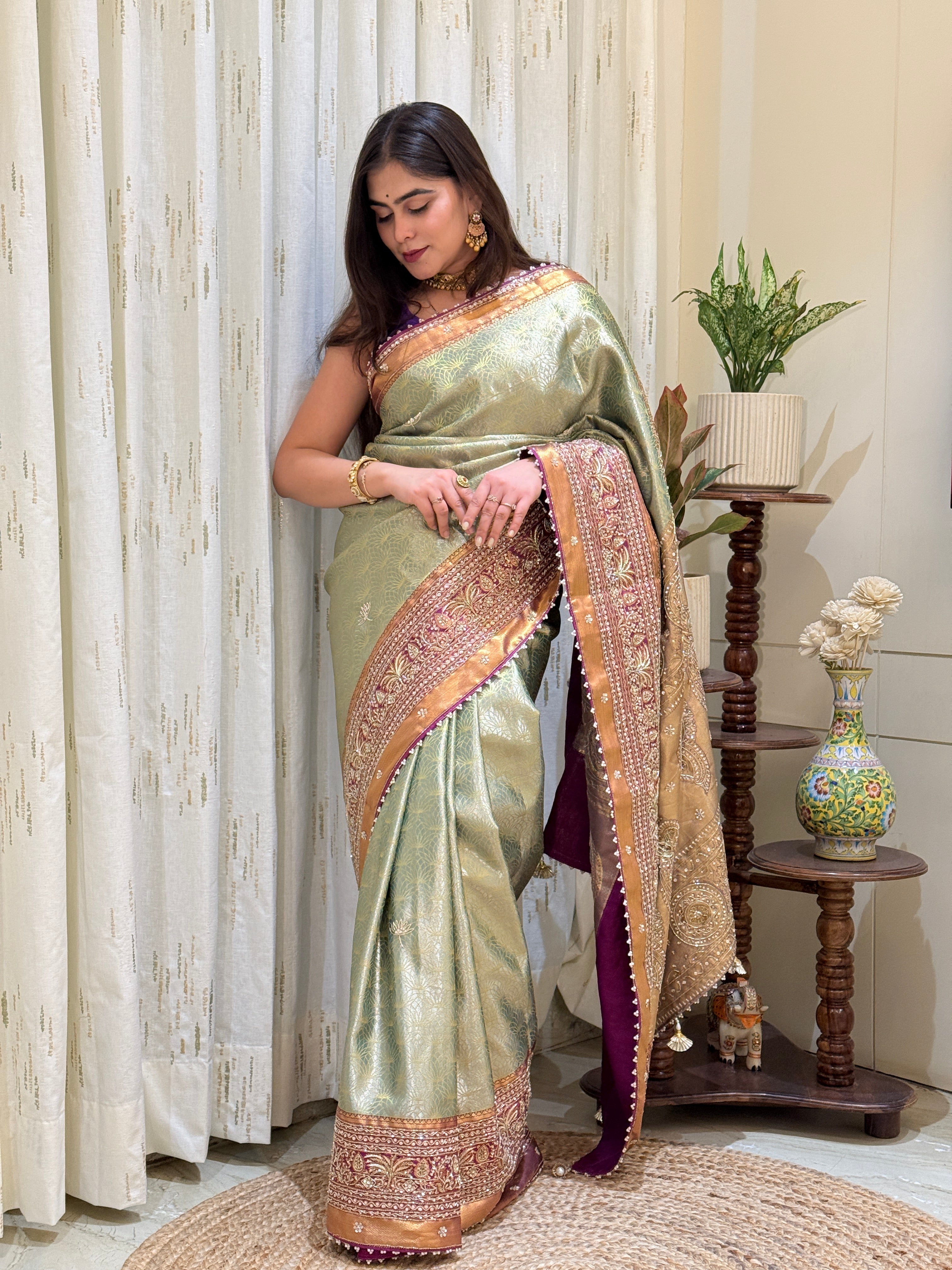Vanya Purple Pista Kanchivaram Silk Saree