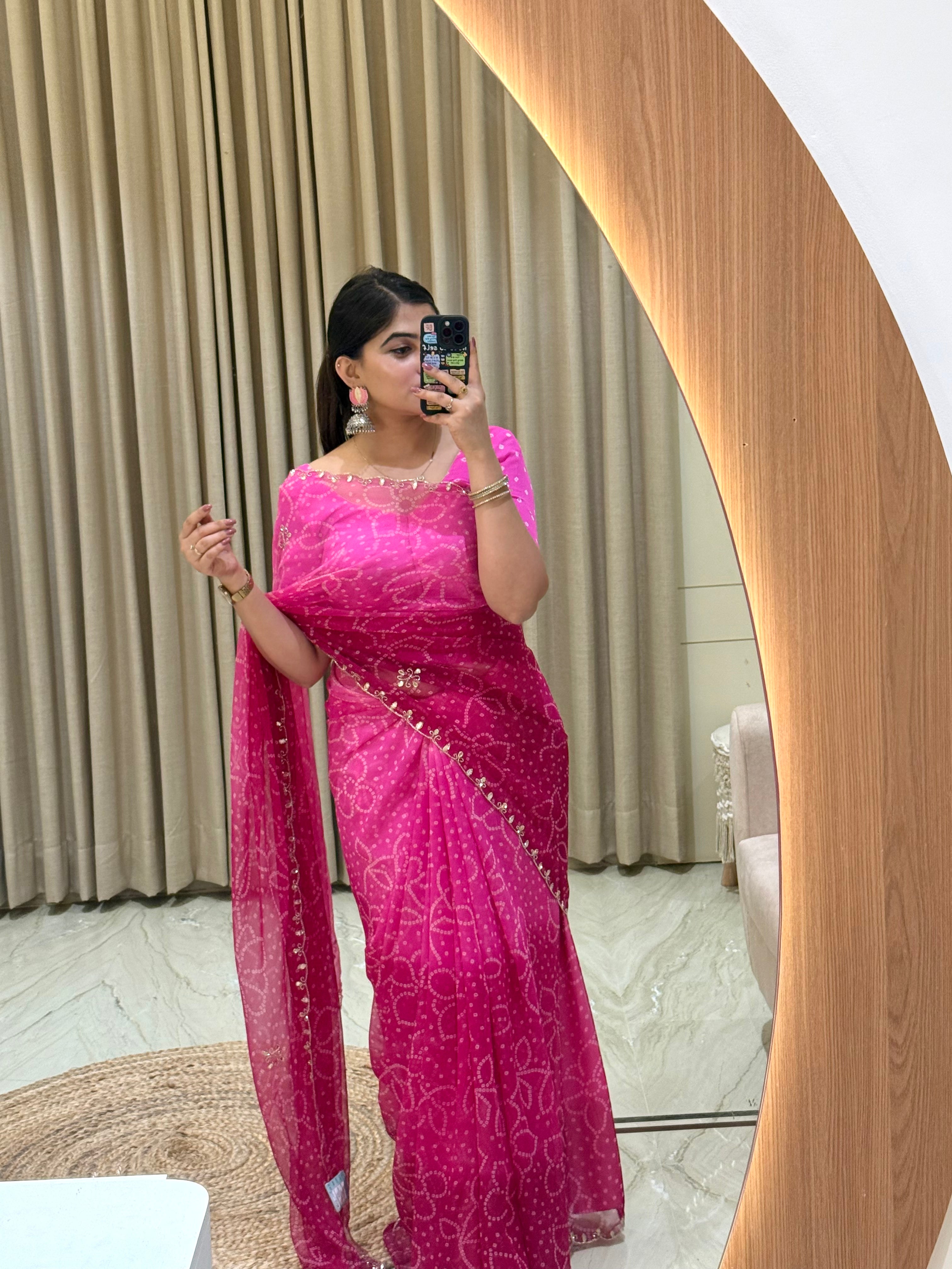 Esha Pink Bandhani Saree