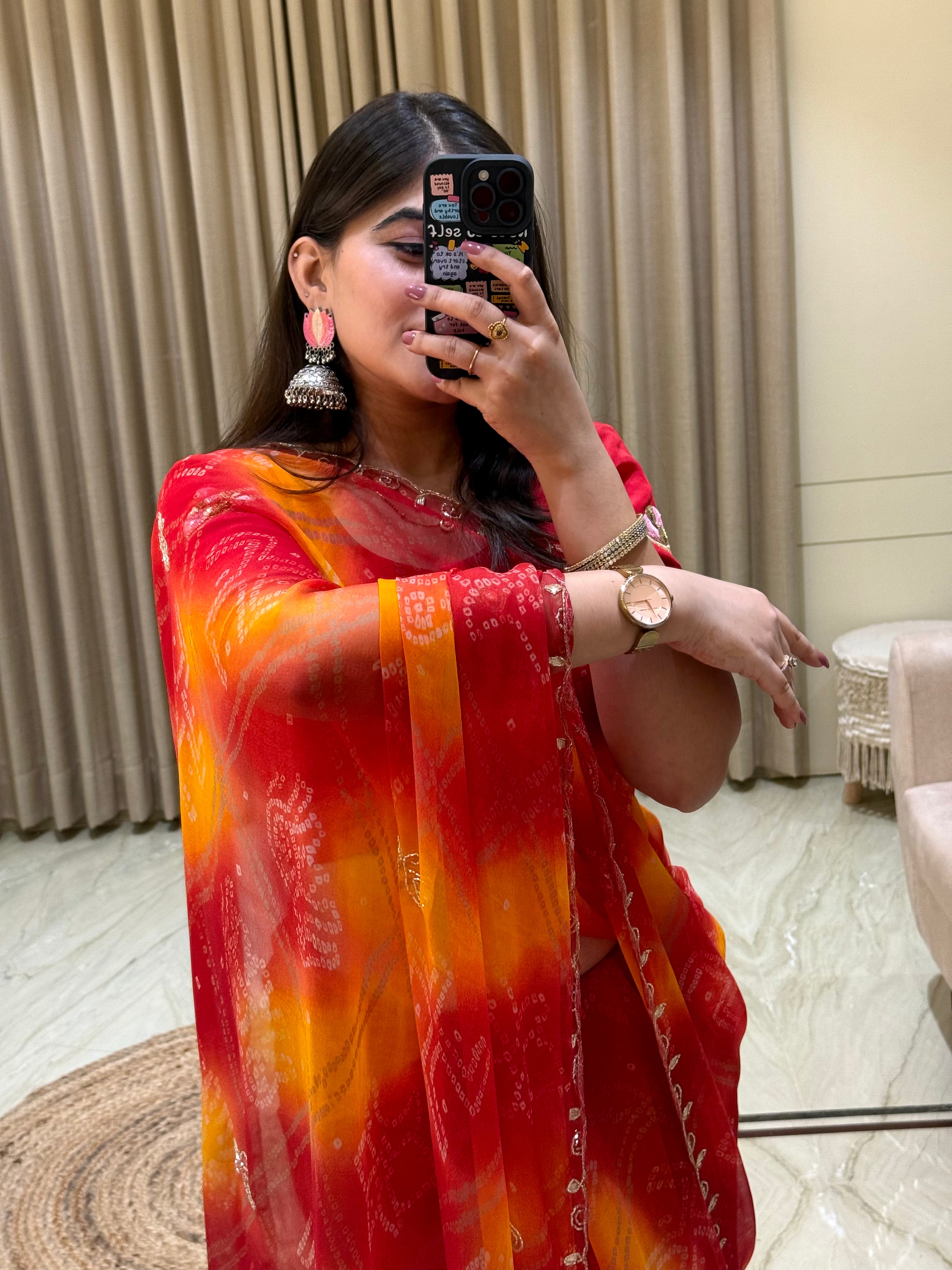 Harini Red & Orange Bandhani Saree