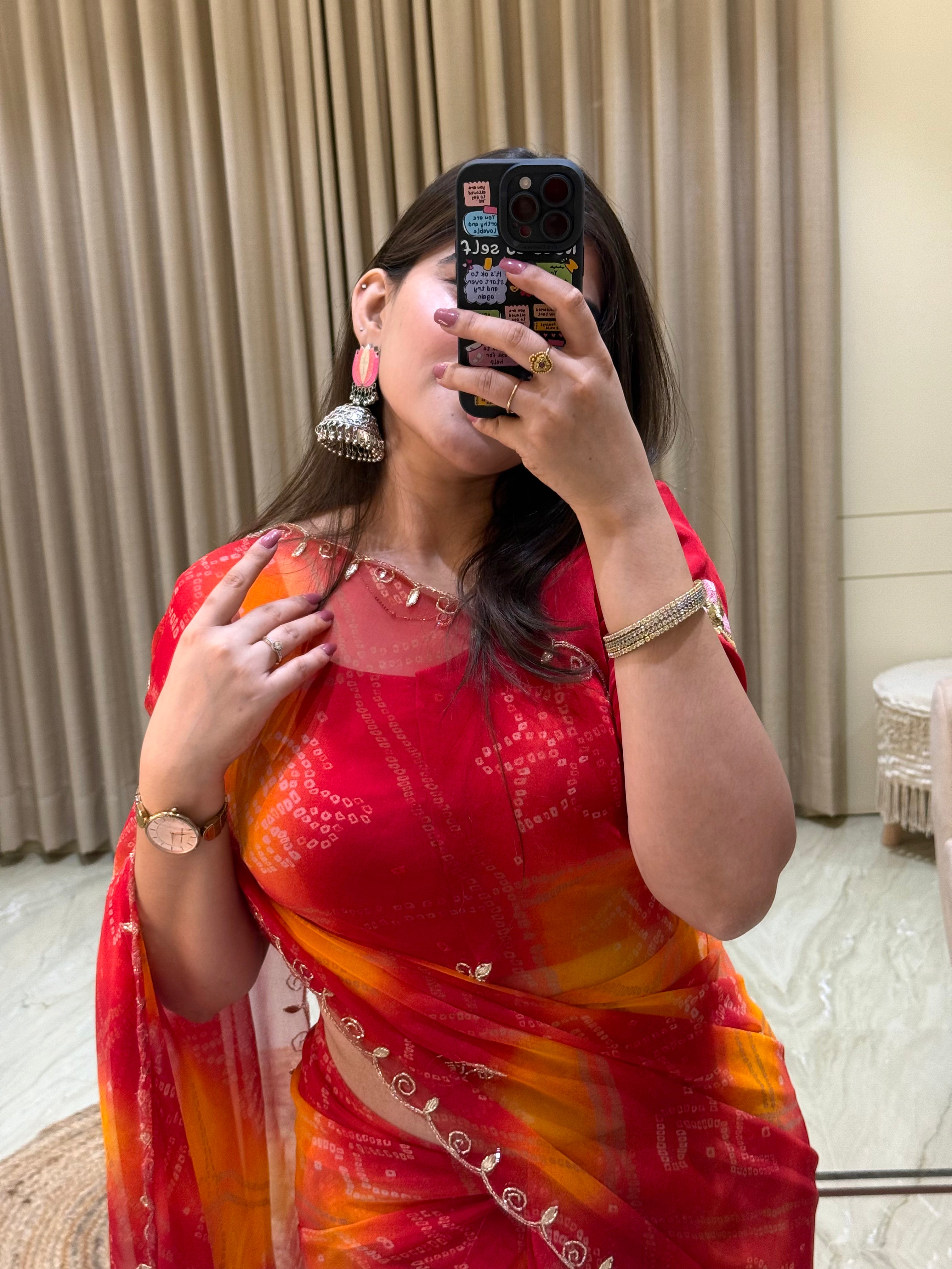 Harini Red & Orange Bandhani Saree