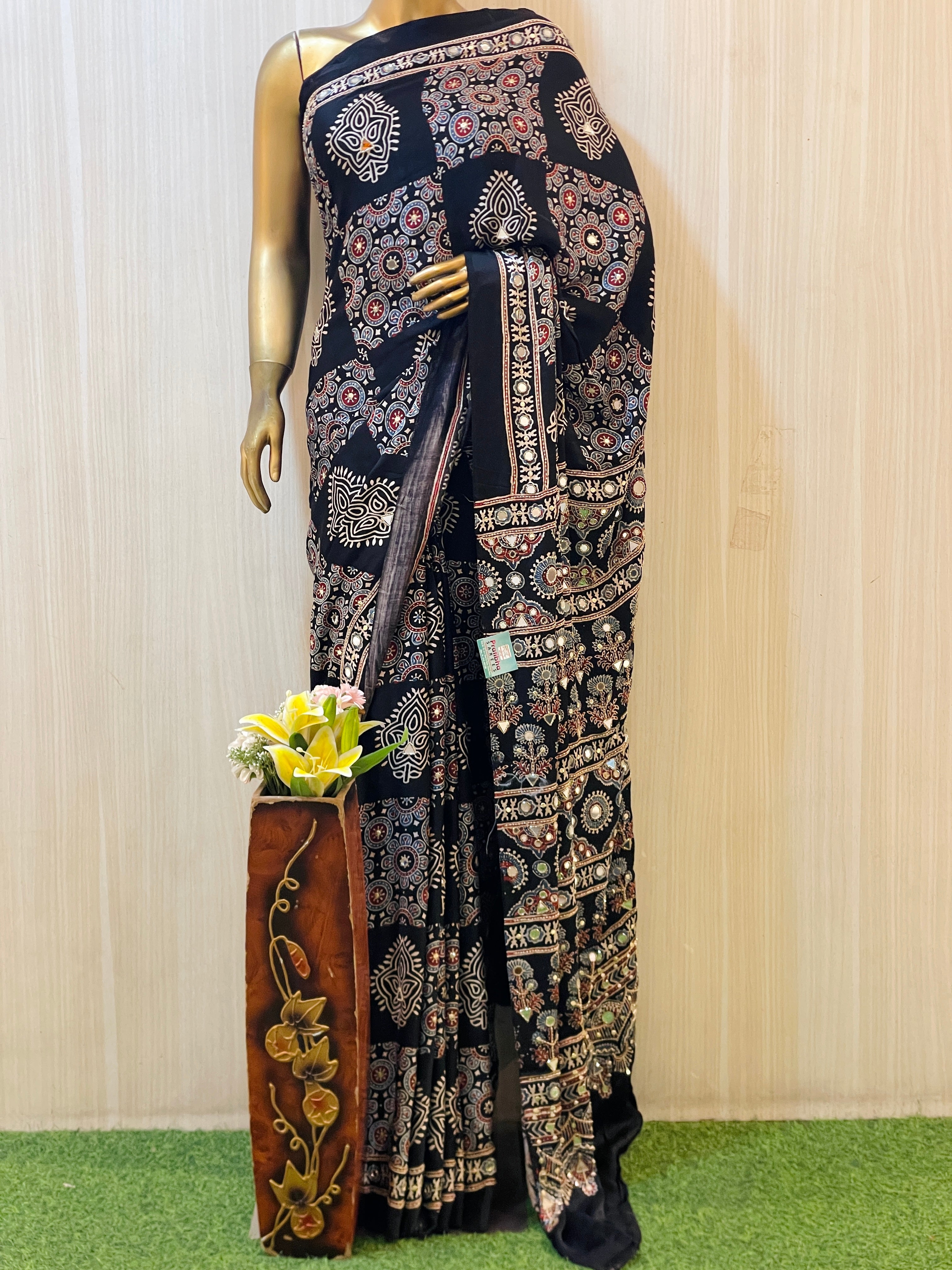 Poorva Black Modal Silk Ajrakh Saree