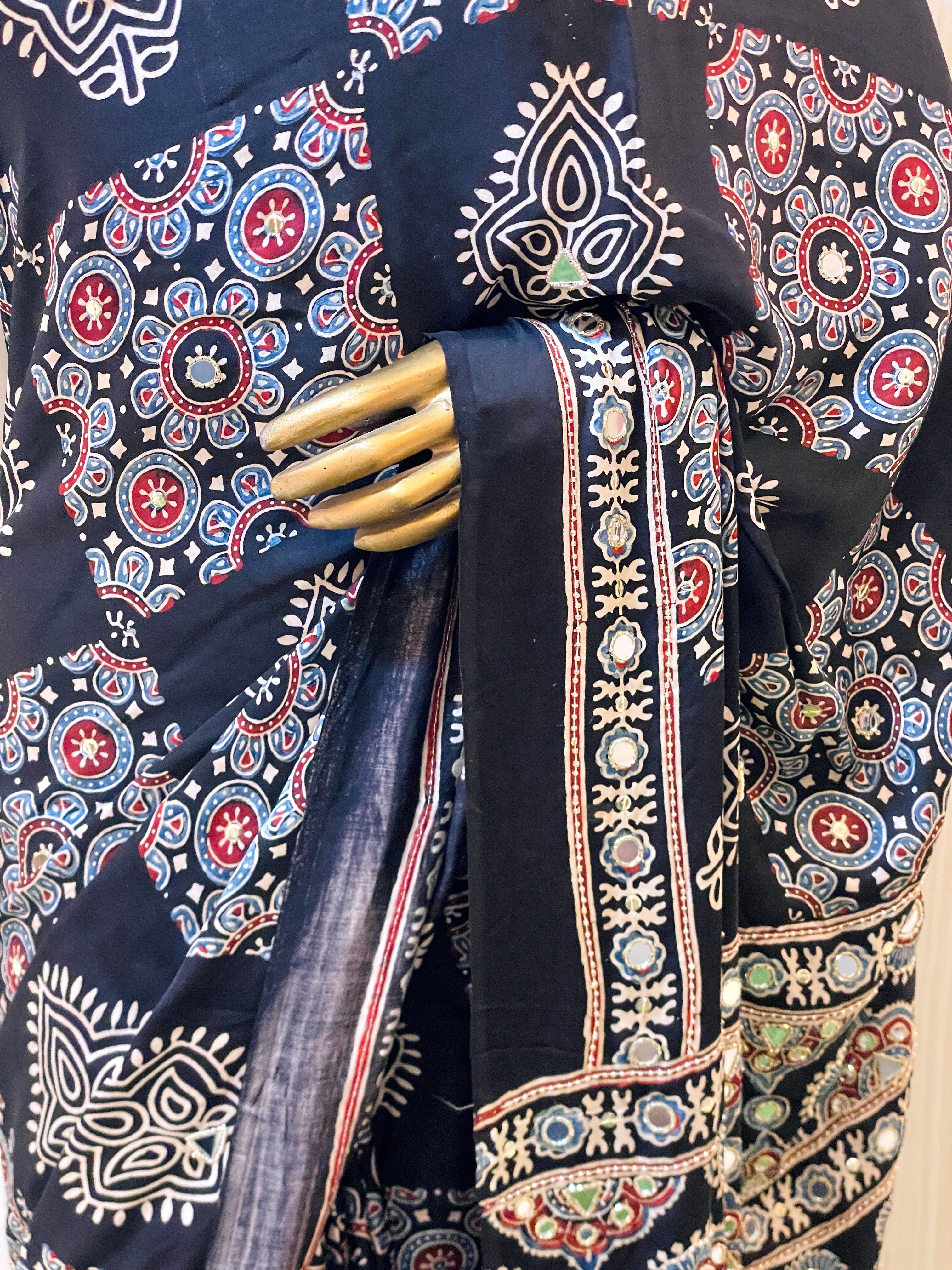 Poorva Black Modal Silk Ajrakh Saree