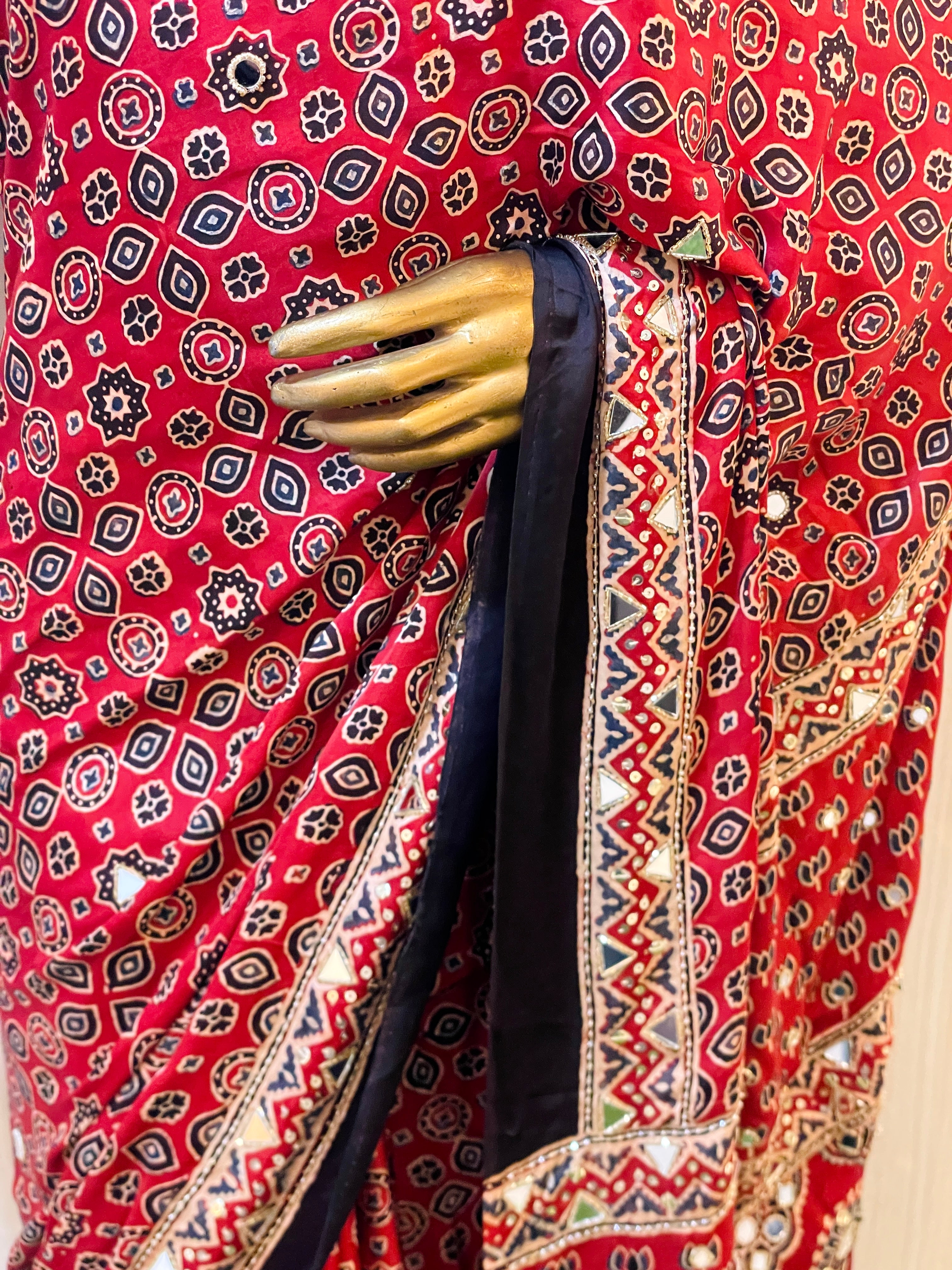 Shweta Red Modal Silk Ajrakh Saree