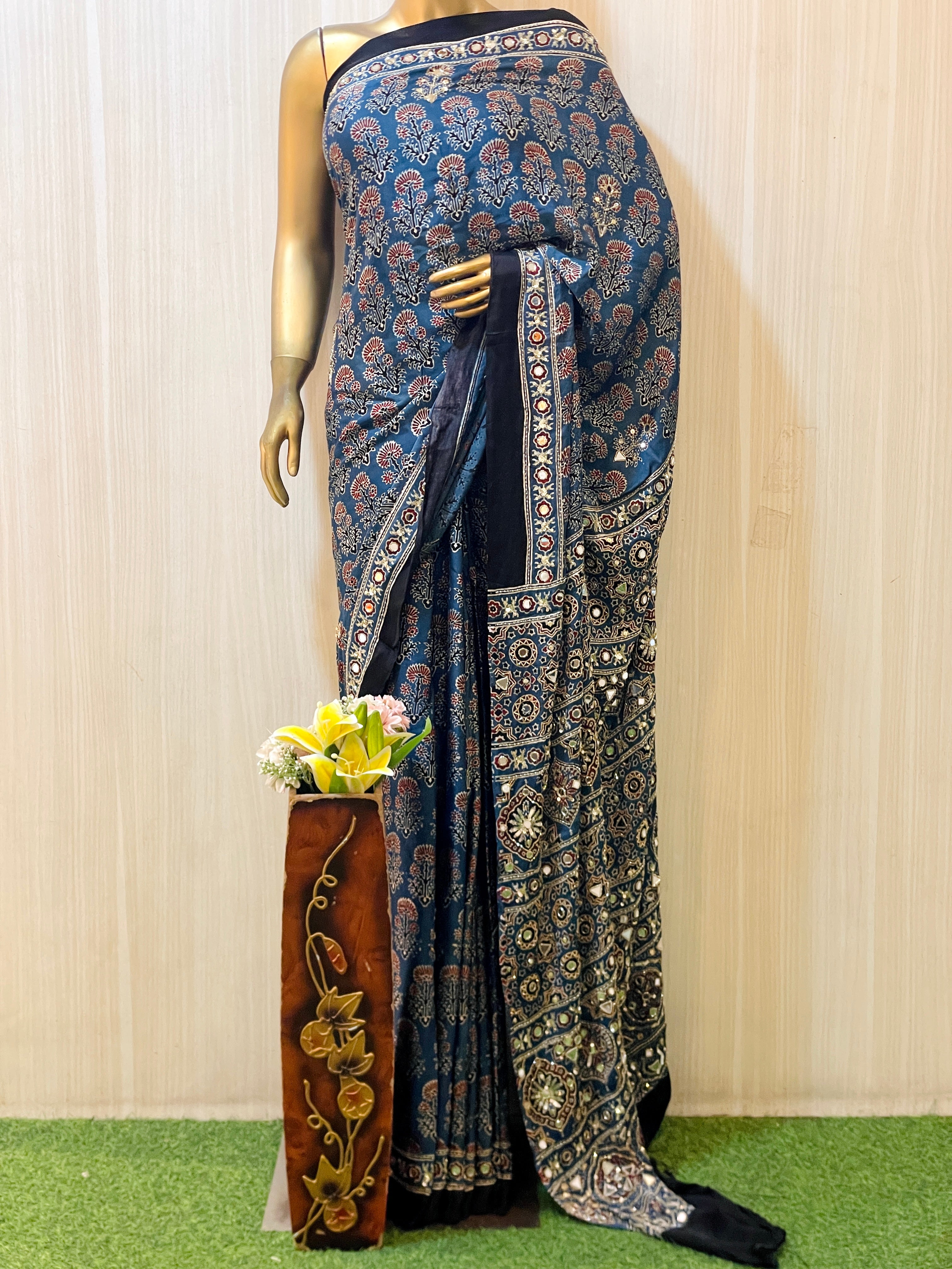 Vipasha Blue Modal Silk Ajrakh Saree