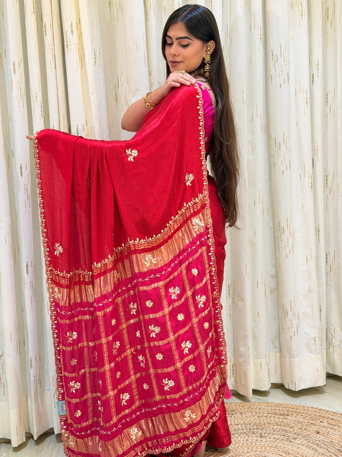 Navdurga Red & Rani Pink Pure Gaji Silk Saree