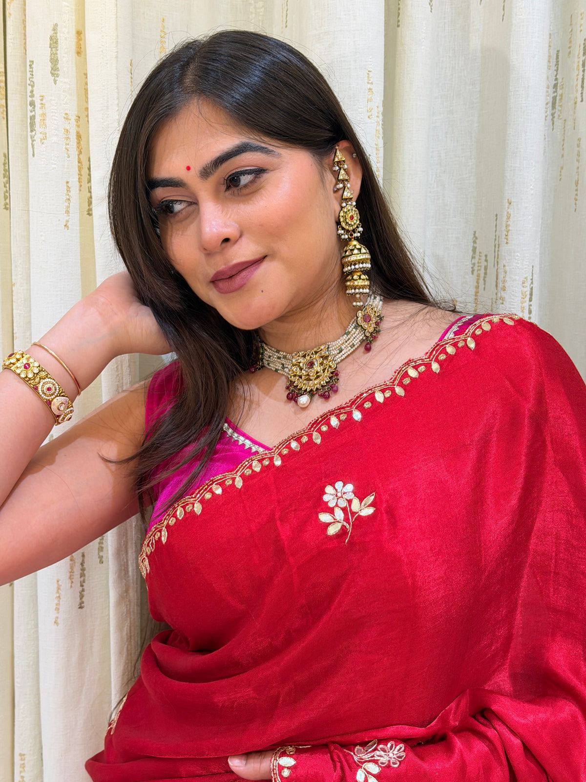 Navdurga Red & Rani Pink Pure Gaji Silk Saree