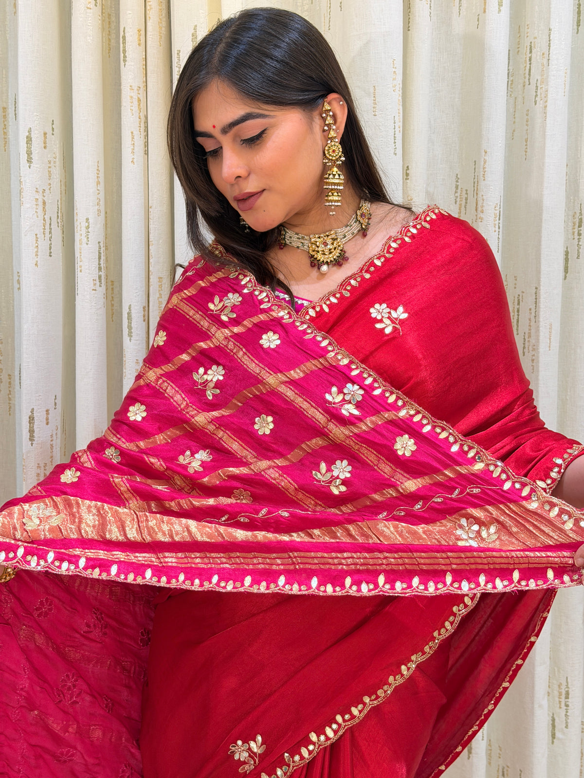 Navdurga Red & Rani Pink Pure Gaji Silk Saree
