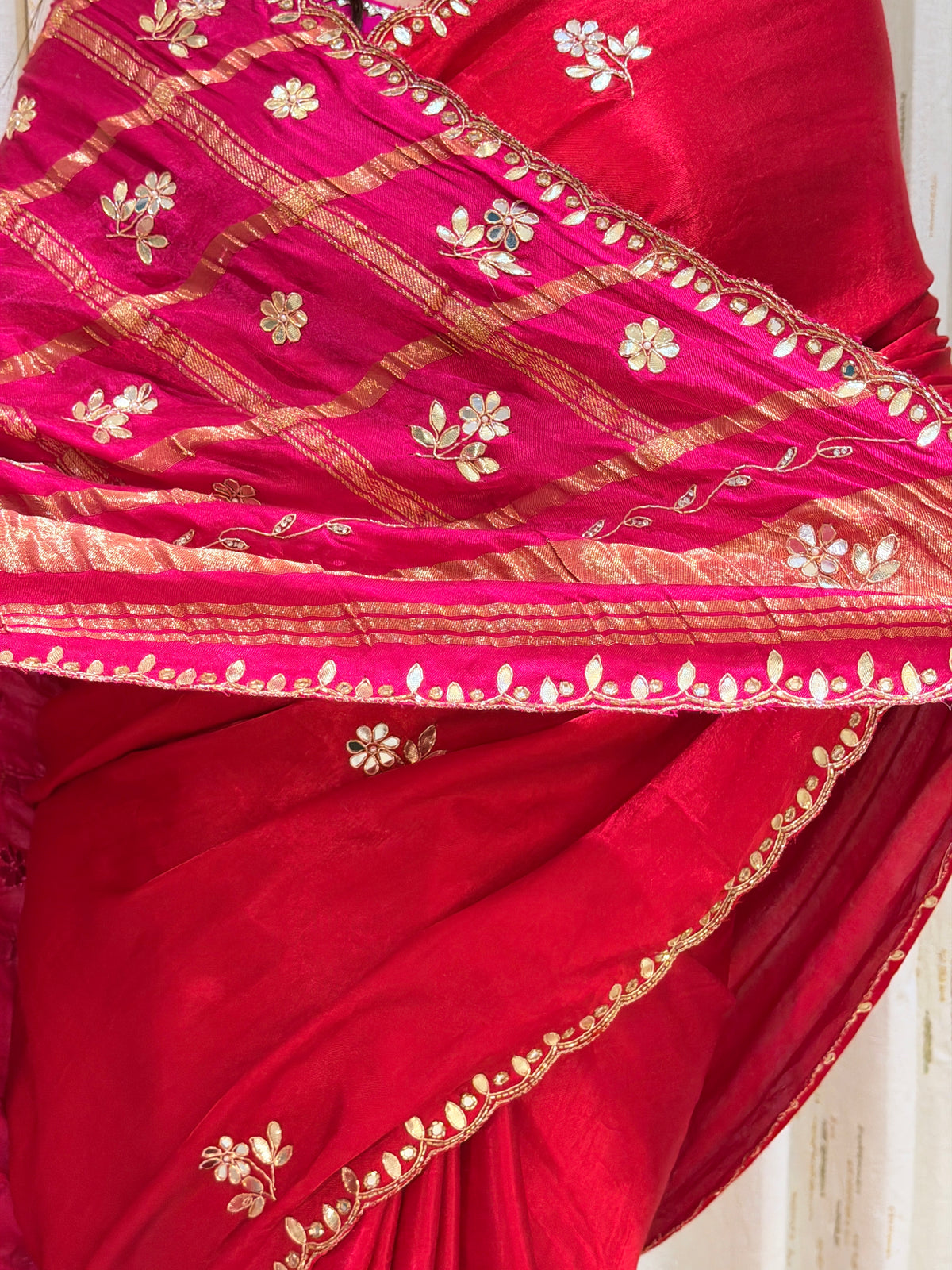 Navdurga Red & Rani Pink Pure Gaji Silk Saree