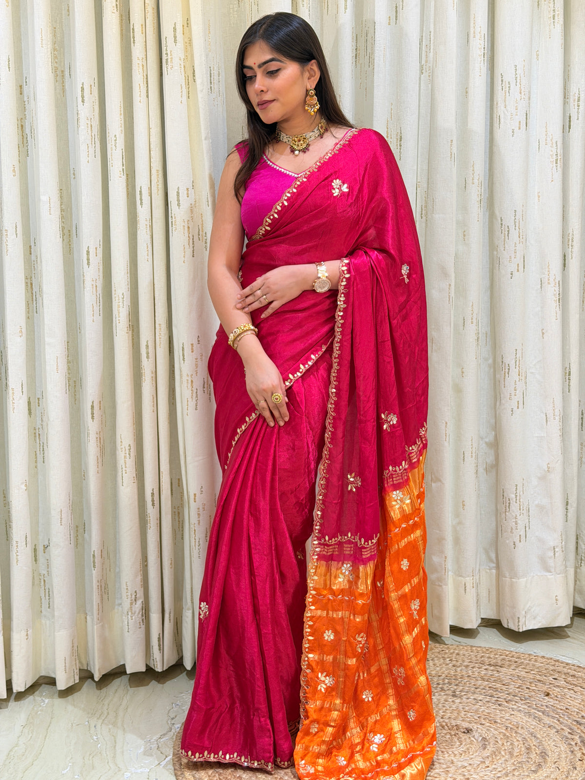 Garba Rani Pink & Orange Pure Gaji Silk Saree