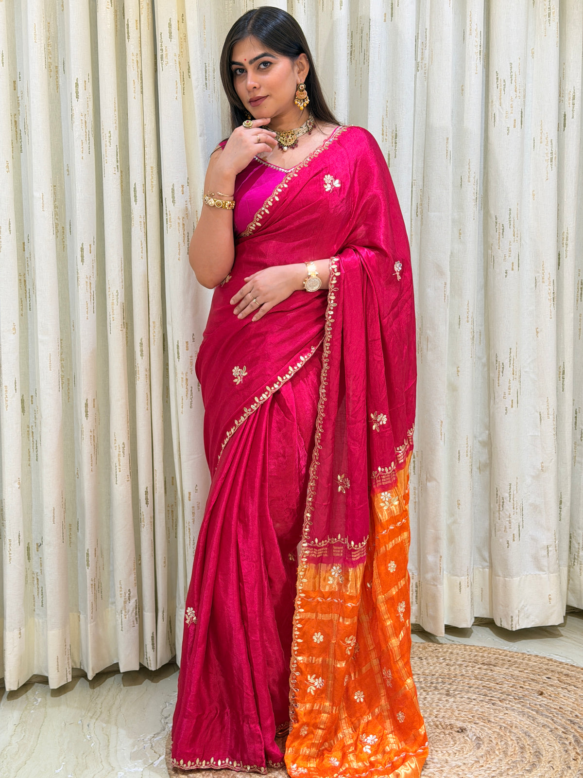 Garba Rani Pink & Orange Pure Gaji Silk Saree